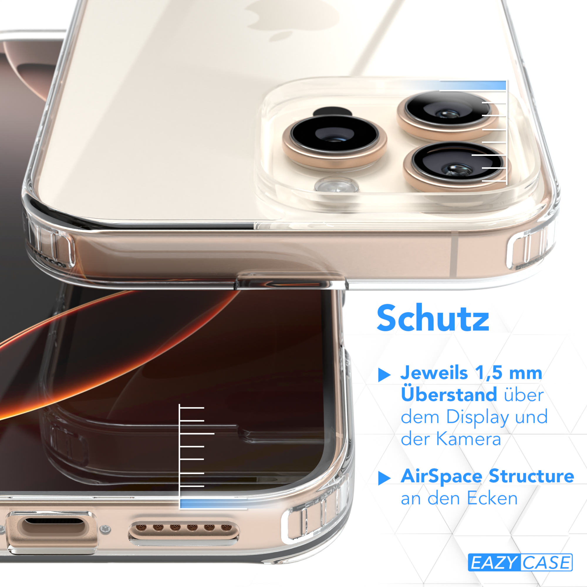 Handyhülle, die das Telefon schützt. Zeigt den Rahmen und die Kamera mit Texten.