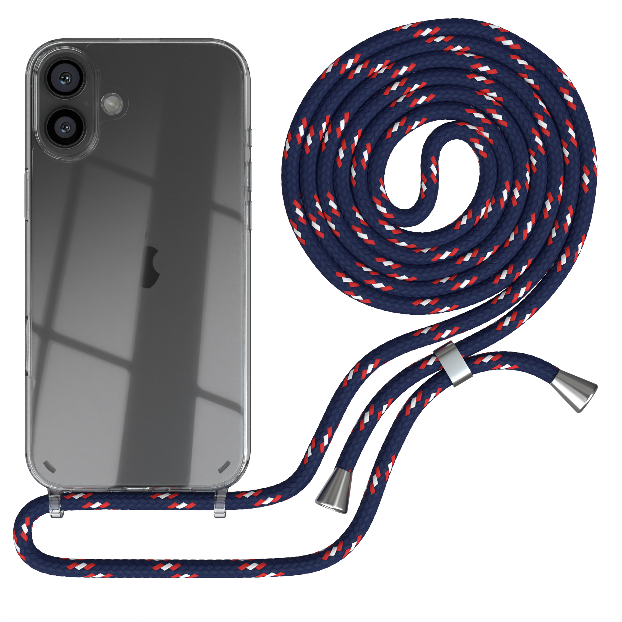 Transparente Handyhülle mit blauem, roten und weißen Seil. Die Hülle hat ein Telefon.