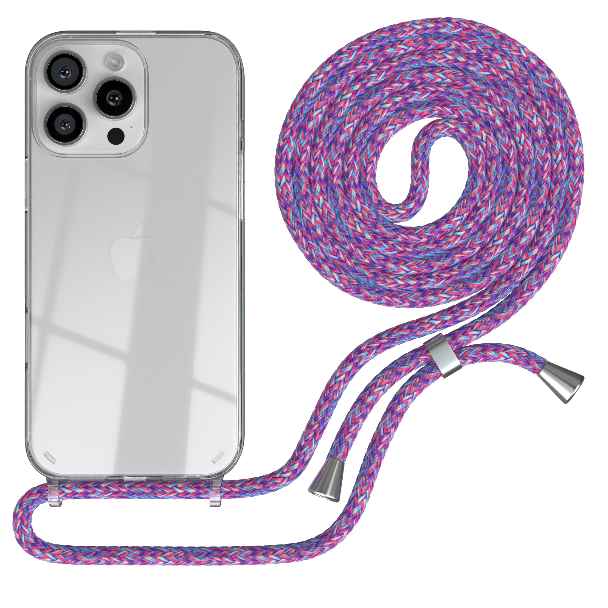 Transparente Handyhülle mit lila Band und Handy mit mehreren Kameras.