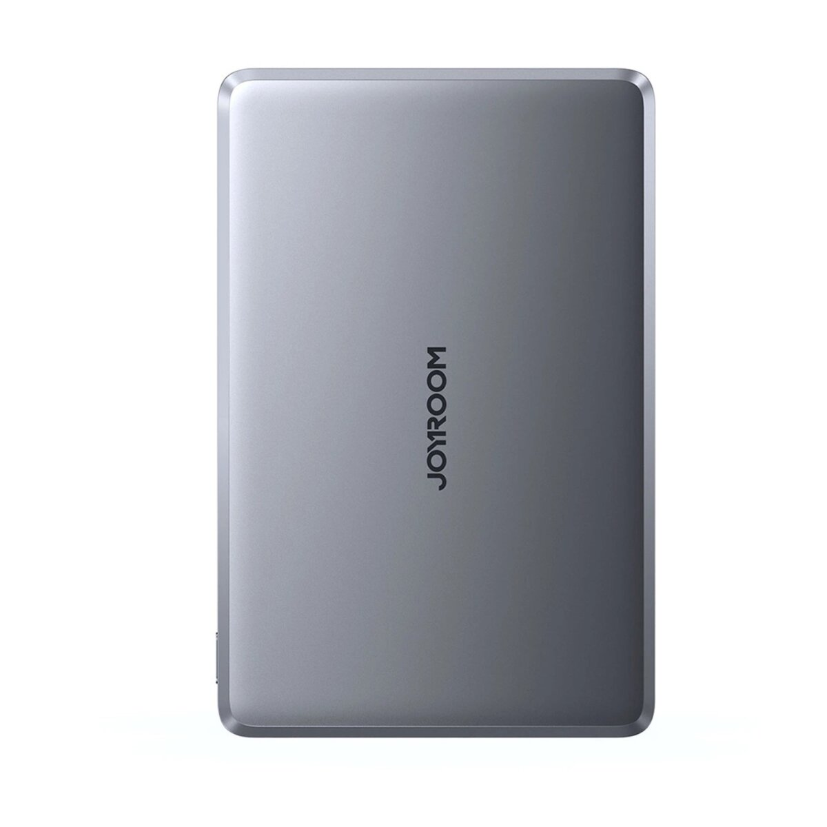 Srebrny power bank Joyroom z logo Joyroom z przodu.