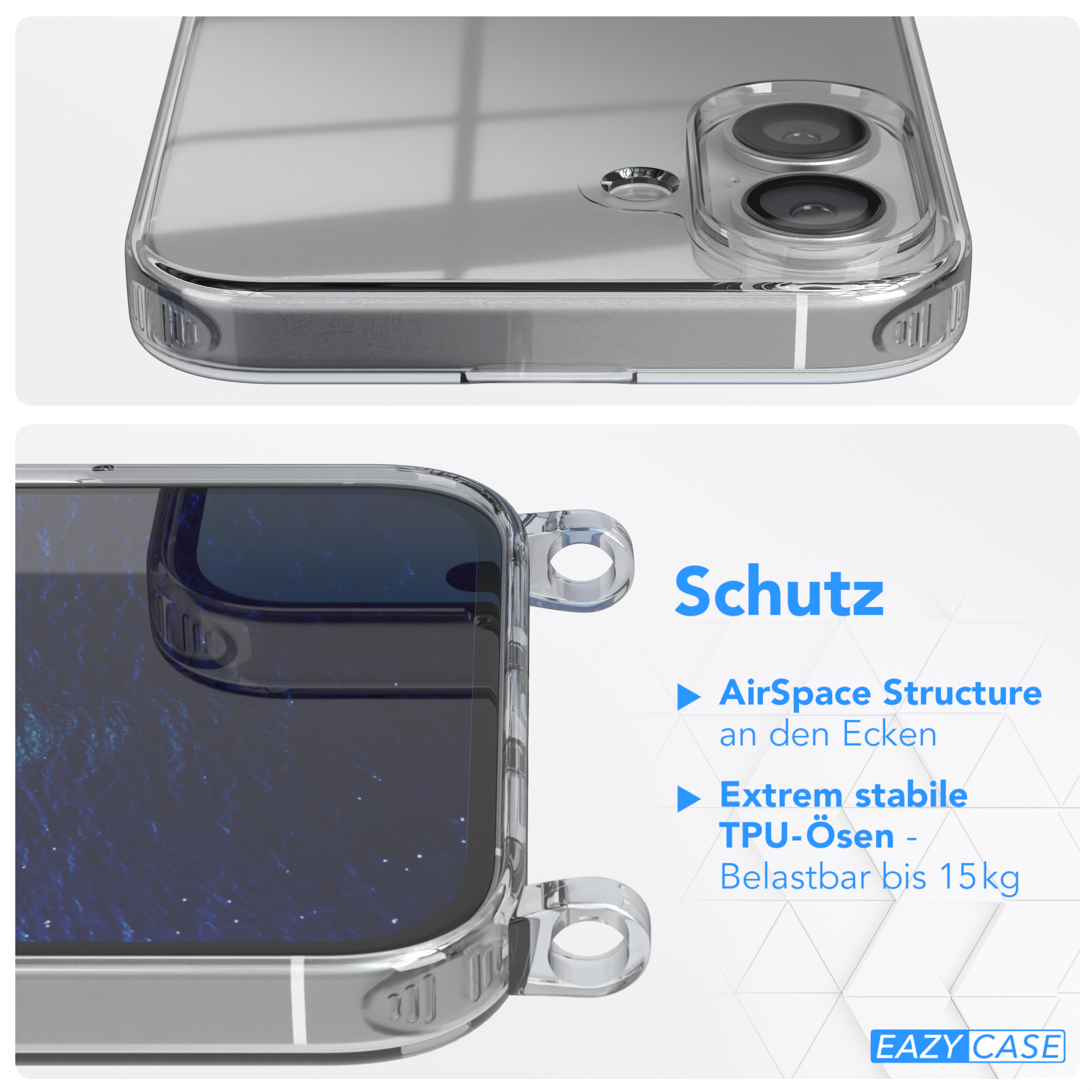 Transparente Handyhülle mit Telefon im Inneren, Nahaufnahme. Text: Schutz, AirSpace Structure, EAZY CASE.
