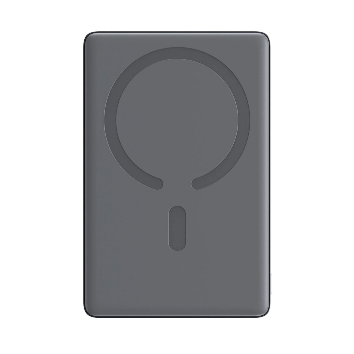 Szary power bank z okrągłym wzorem. Tło jest gładkie szare.