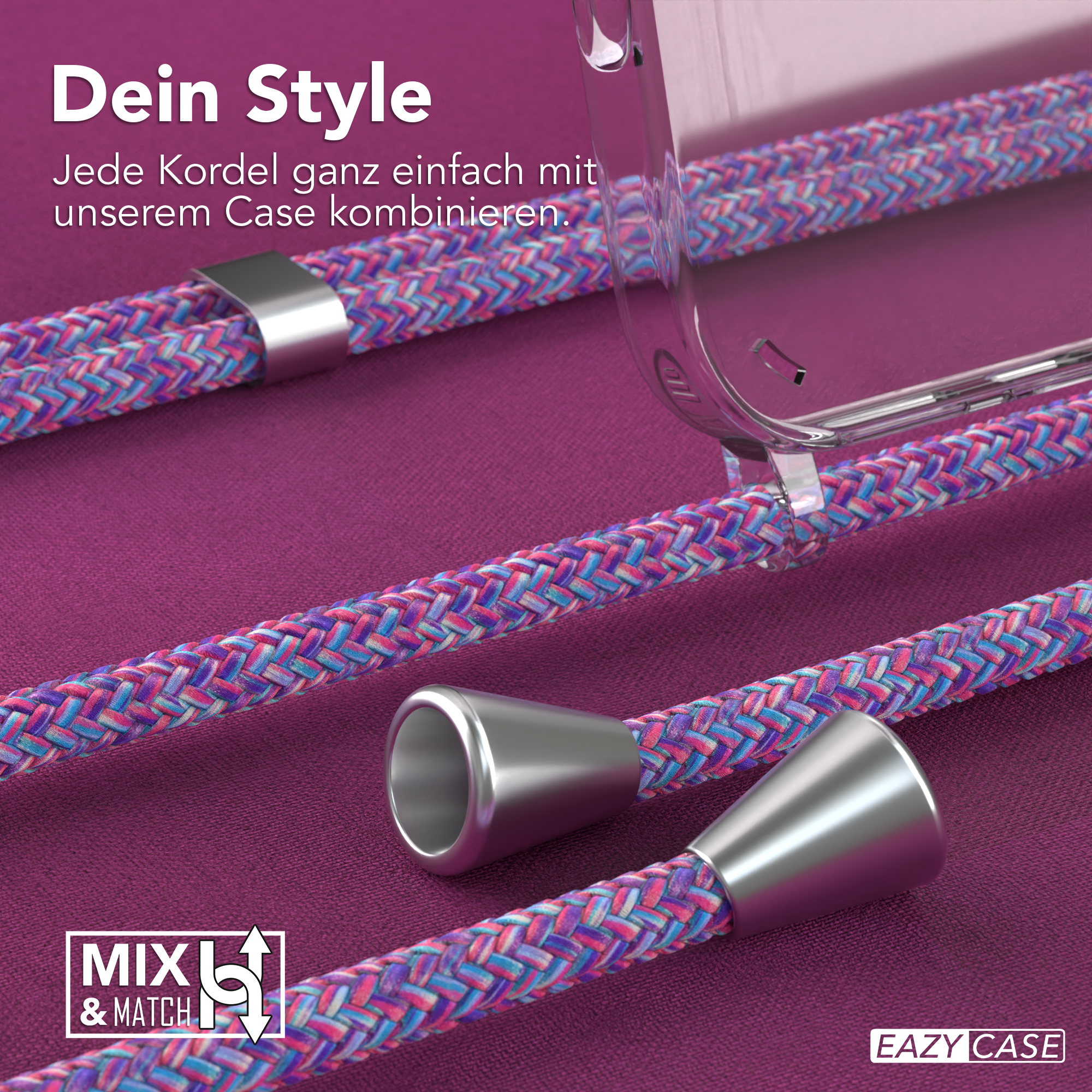 Lila-blau geflochtene Handykordel mit silberner Hardware, eine transparente Hülle und Text.