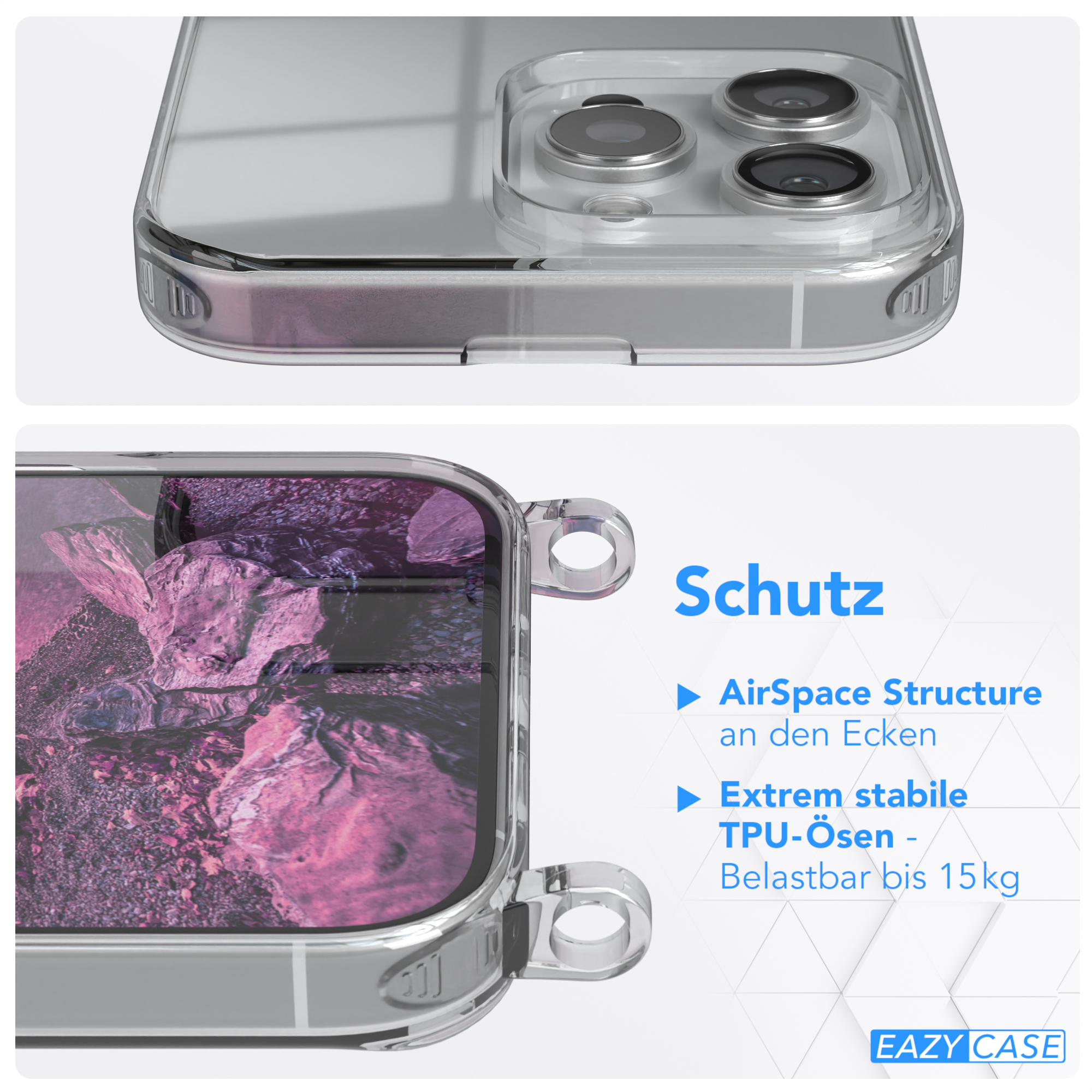 Transparente Handyhülle mit Text 'Schutz'. Text über AirSpace Structure und TPU-Material.