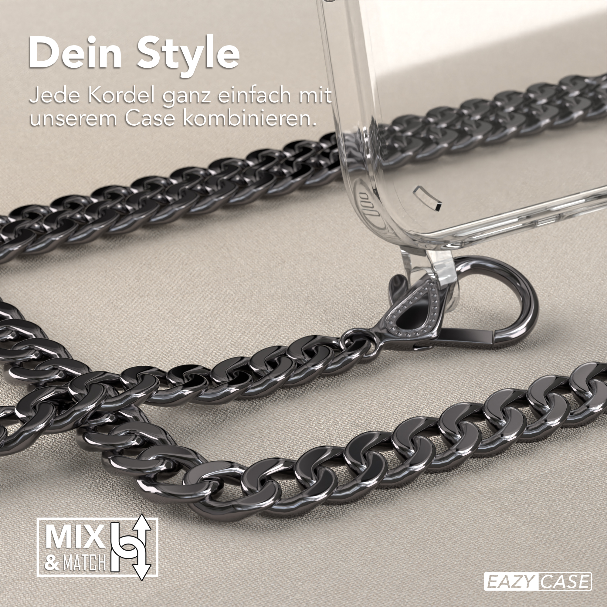 Eine silberne Kette auf beigem Untergrund, mit einer durchsichtigen Handyhülle.
