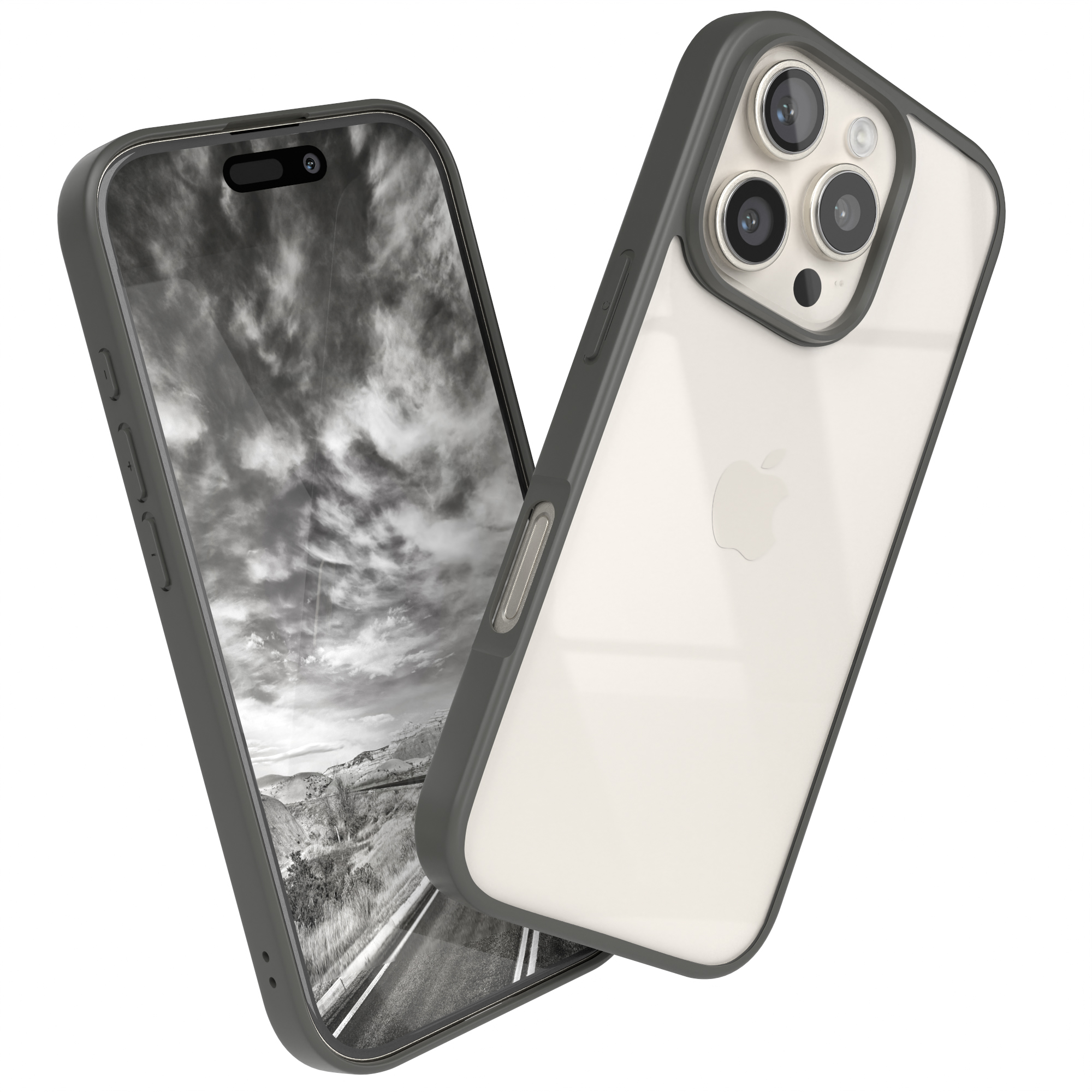 Telefon mit Hülle, das ein Landschaftsbild zeigt. Weißer Hintergrund.