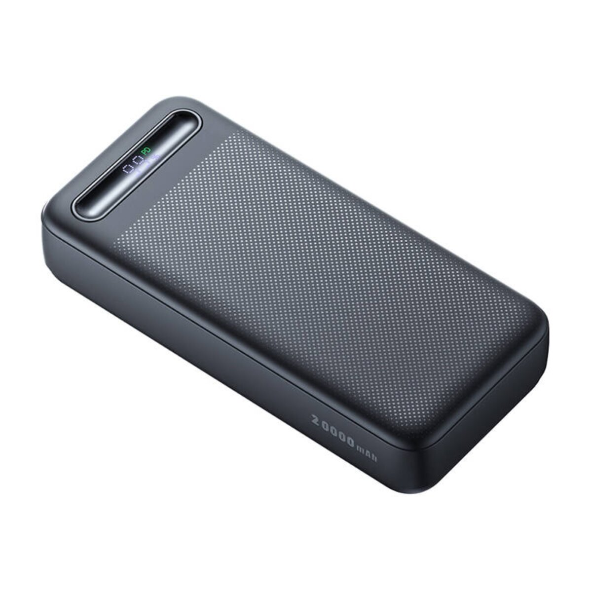 Schwarze Powerbank mit weißem Punktmuster. Die Powerbank hat 20000 mAh.