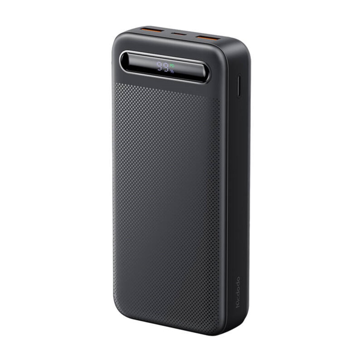 Schwarze Powerbank mit Display, das 99% anzeigt. Zwei USB-Anschlüsse sichtbar.