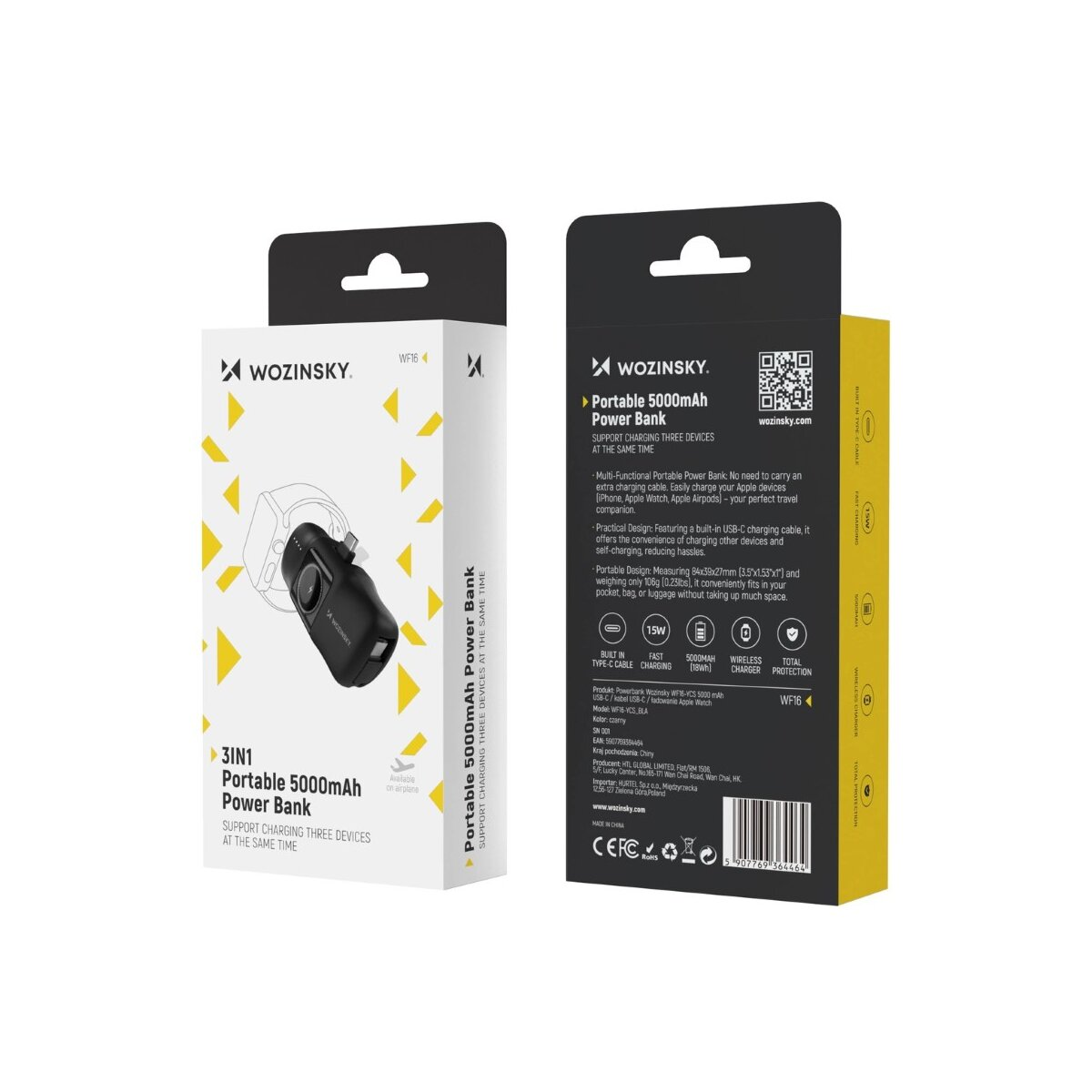 Pudełko power banku ze zdjęciem czarnego power banku. Tekst opisuje jego funkcje.