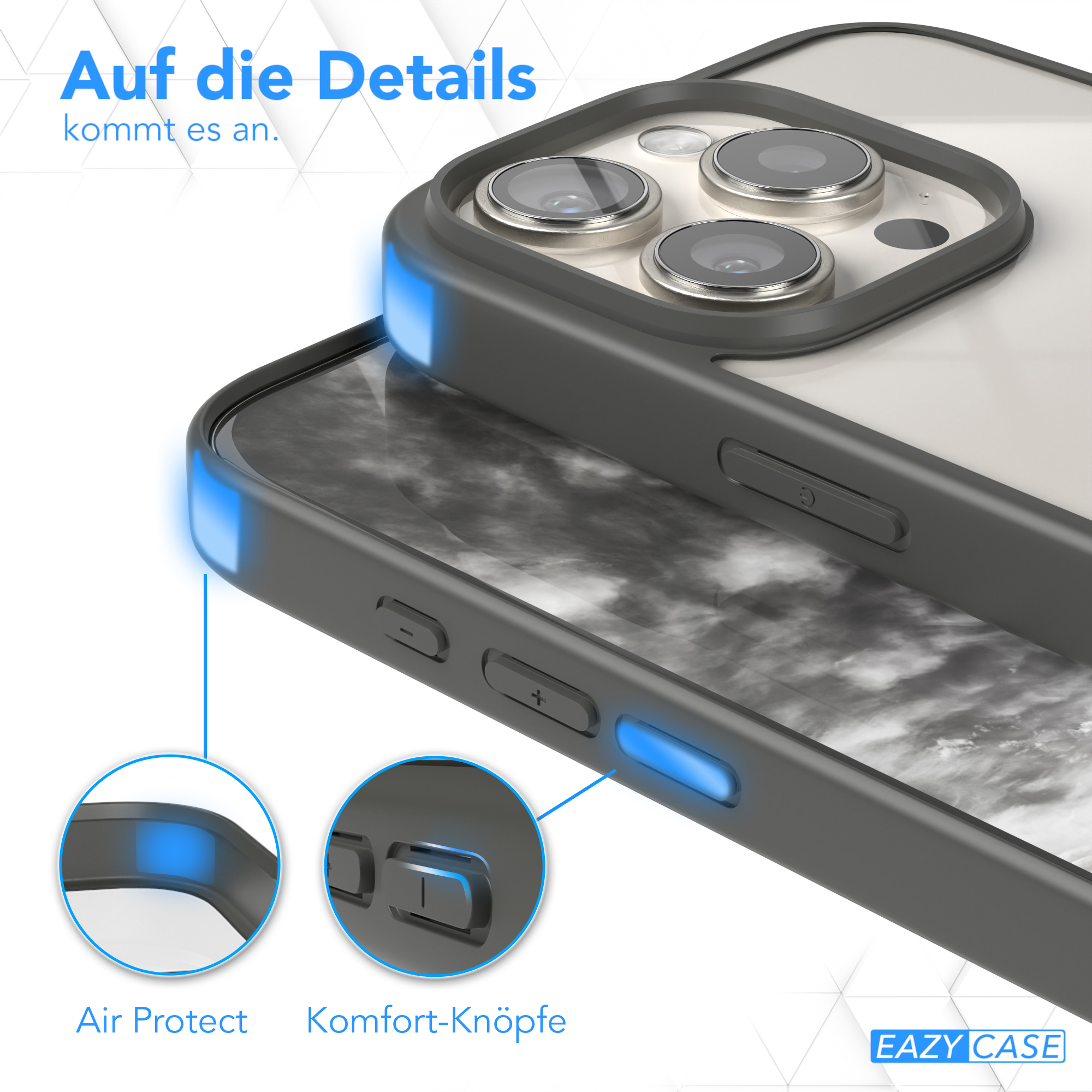 Eine Handyhülle mit einem Telefon darin, Nahaufnahme der Knöpfe und Kanten. Die Hülle ist dunkelgrau.