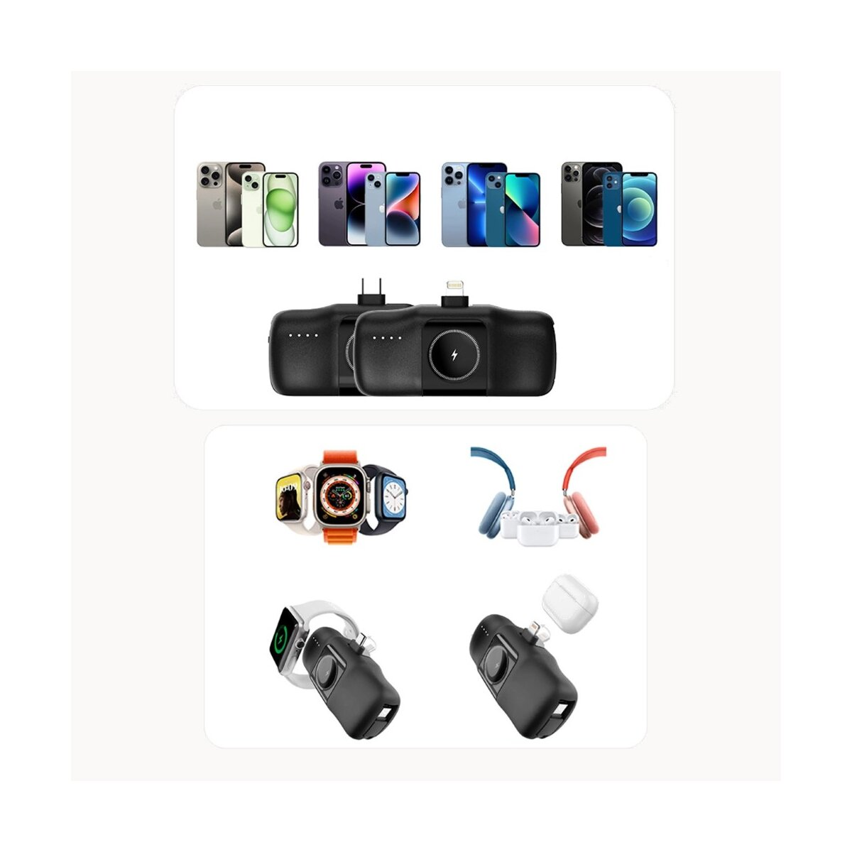 Wiele telefonów, smartwatchy i urządzeń ładujących ułożonych na białej powierzchni.