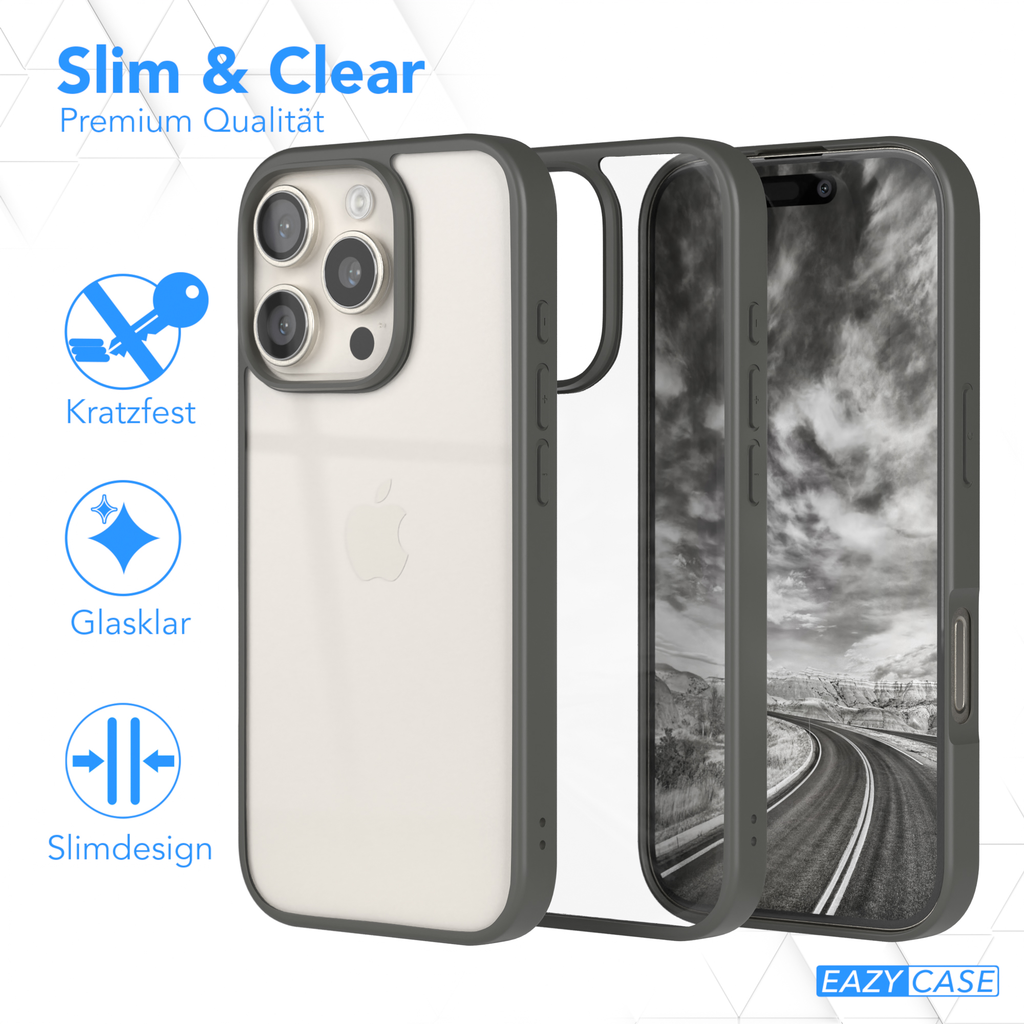 Eine transparente Handyhülle auf weißem Hintergrund mit einem Telefon darin. Der Fall ist klar.