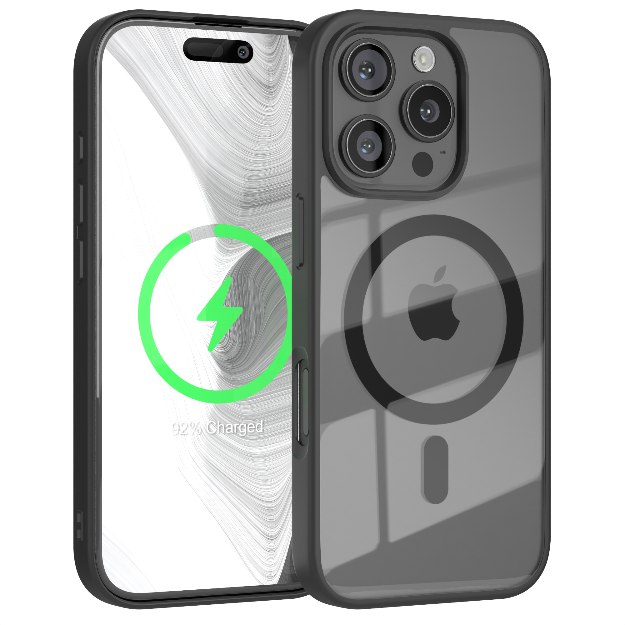 Eine schwarze Handyhülle mit einem Telefon darin. Die Hülle hat einen magnetischen Ladekreis und ein Apple-Logo.