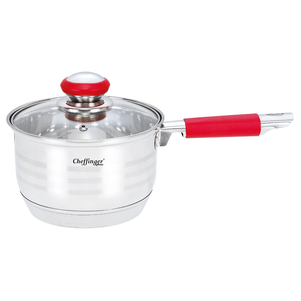 Edelstahl-Kochtopf mit rotem Griff und Deckel. Markenname 'Cheffinger' sichtbar.