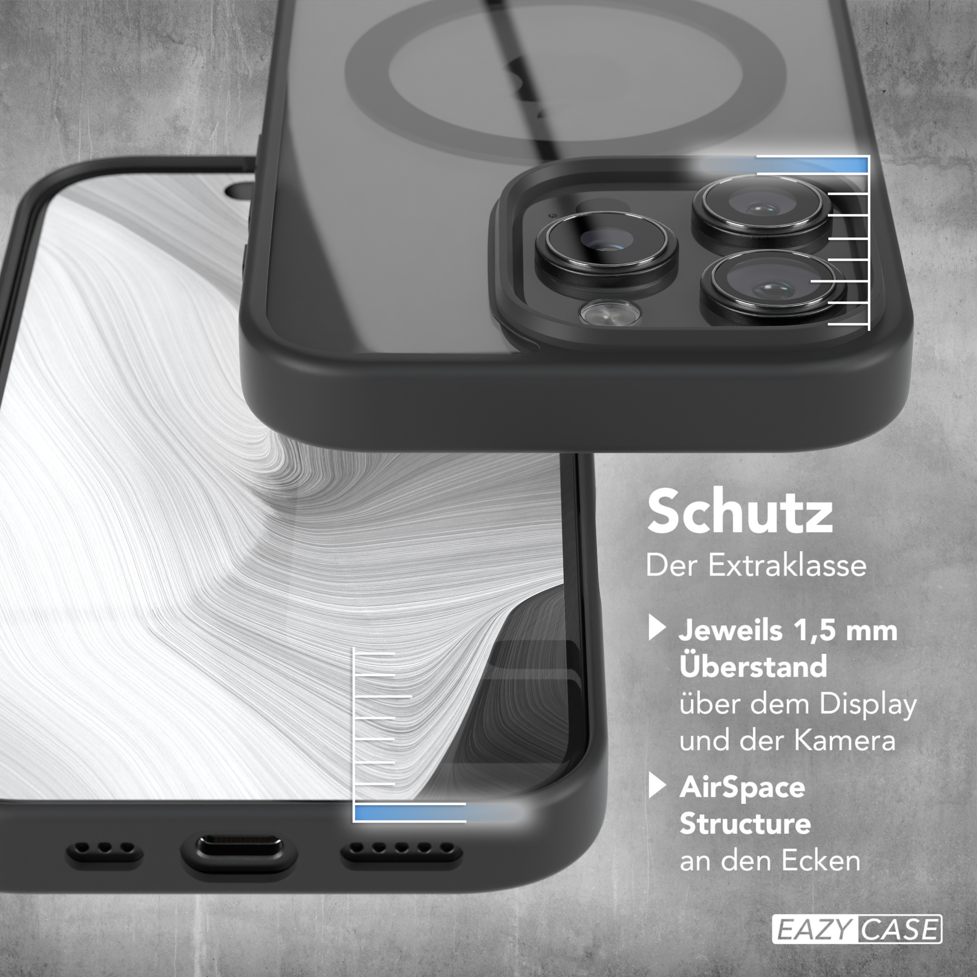 Nahaufnahme einer Handyhülle, die Schutzfunktionen mit grauem Hintergrund zeigt.
