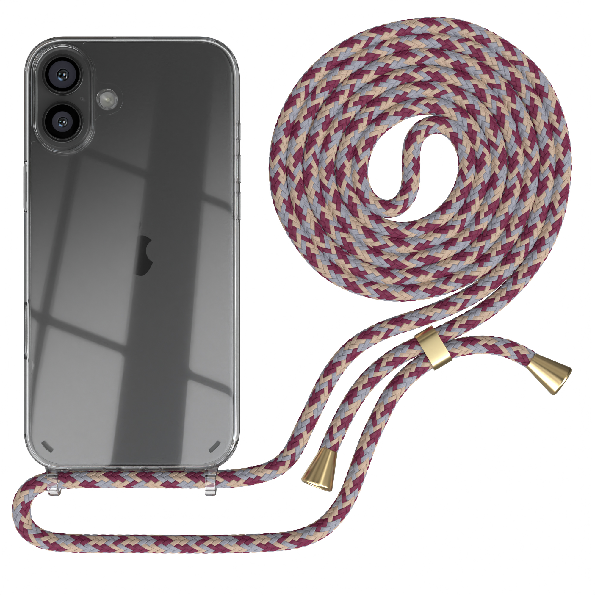Transparente Handyhülle mit gewebtem Band. Telefon ist transparent. Weißer Hintergrund.