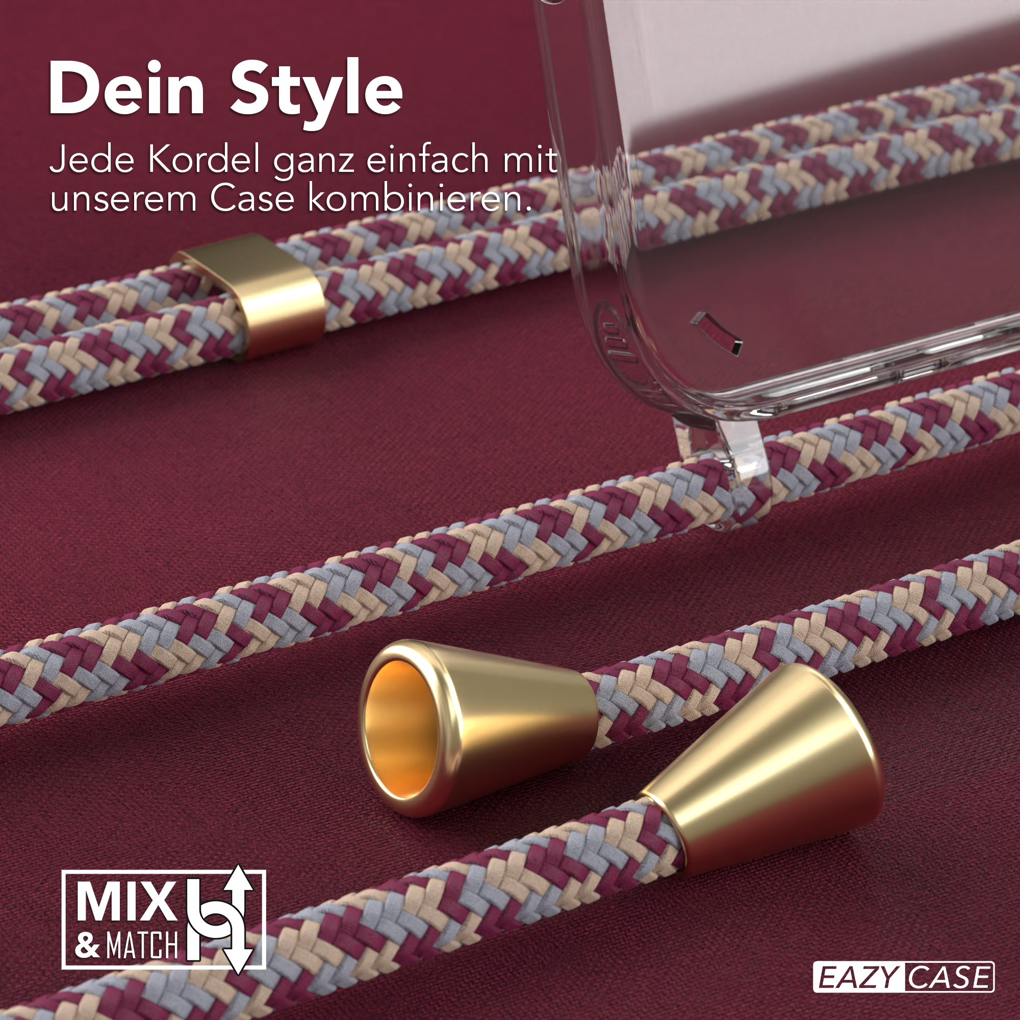 Nahaufnahme von Telefonschnüren und goldfarbenen Endstücken. Text: Dein Style, EAZY CASE, MXL&MATCH.