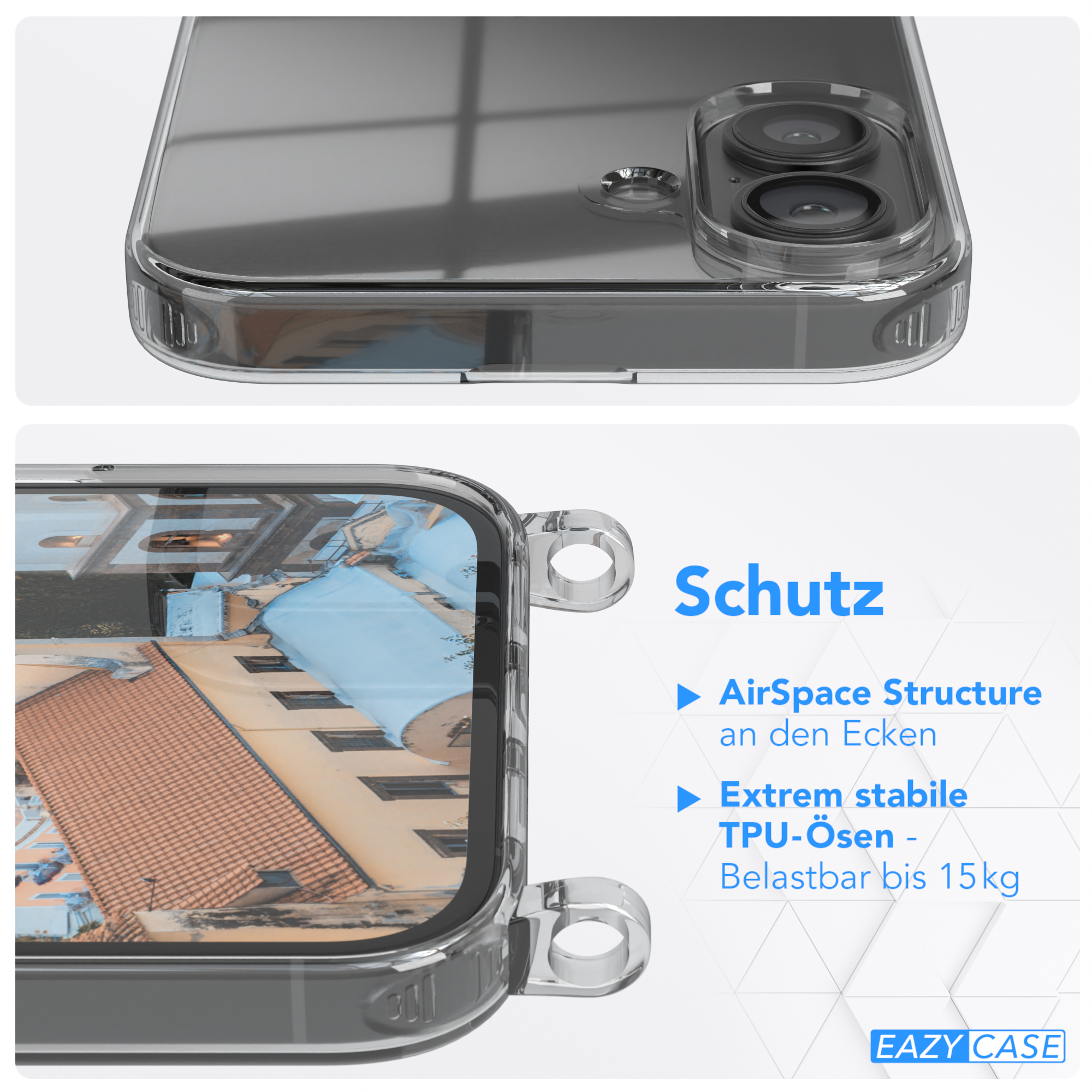 Nahaufnahme einer transparenten Handyhülle mit Design, Stadtblick im Hintergrund.