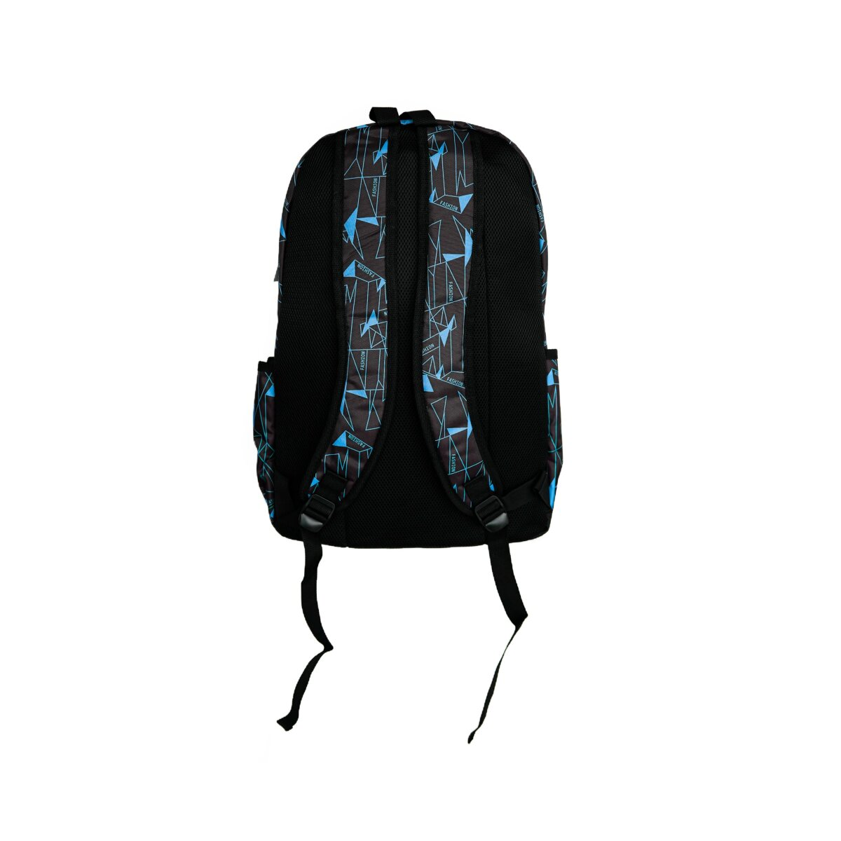 Schwarzer Rucksack mit blauem geometrischen Design. Schwarze Träger. Weißer Hintergrund.