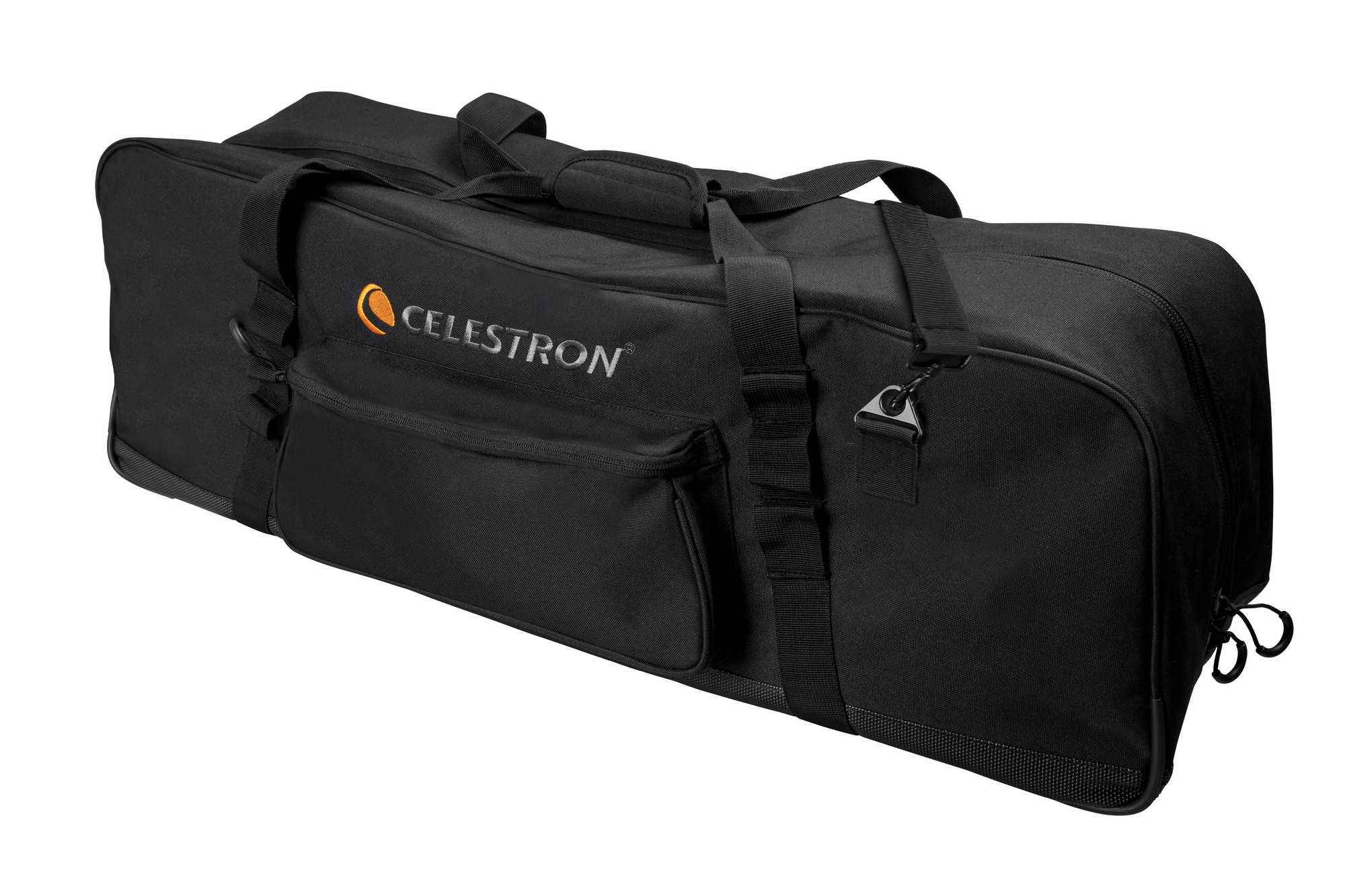 Schwarze Celestron-Tasche mit Logo. Mit Griffen, Schultergurt und Seitentaschen. Weißer Hintergrund.