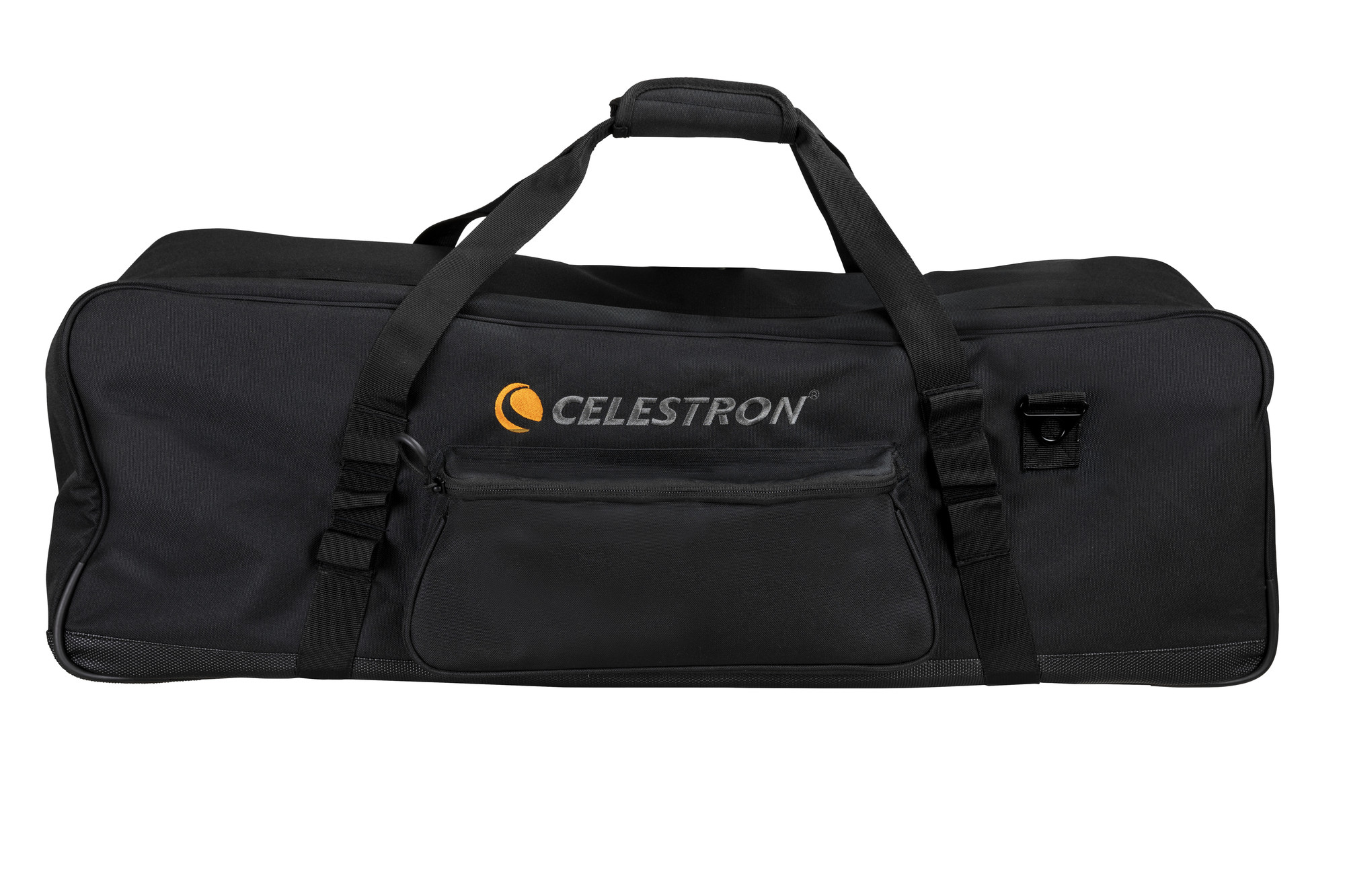Eine schwarze Teleskoptasche mit dem Celestron-Logo auf der Vorderseite.