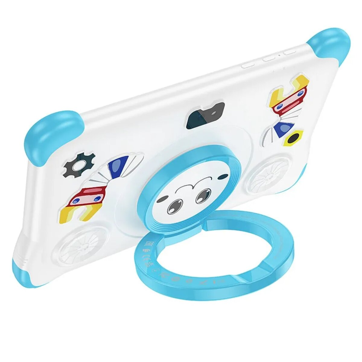 Ein weißes Tablet mit blauer Cartoon-Figur und einem blauen Ring. Mehrere Roboterbilder.