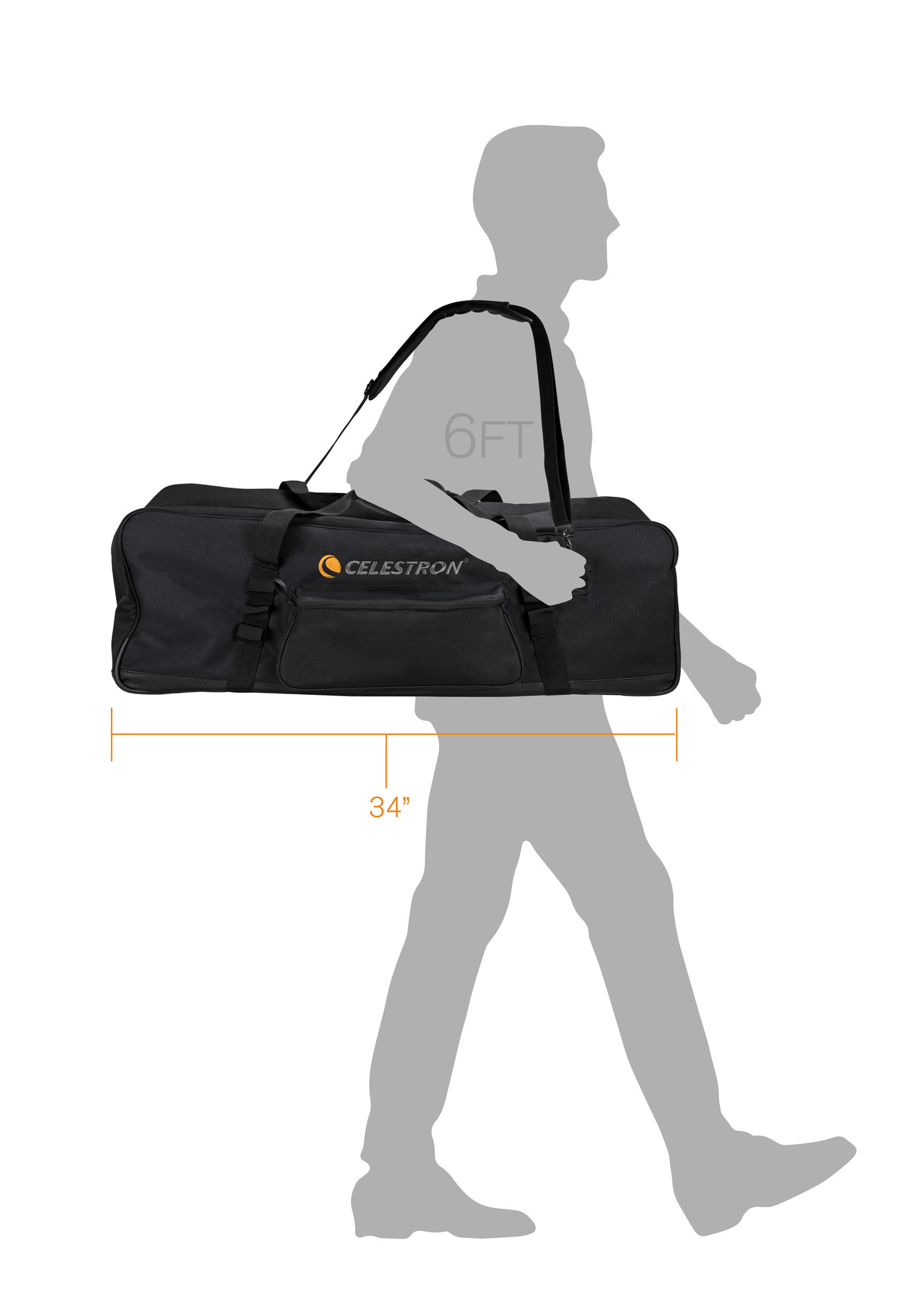 Eine Person trägt eine schwarze Tasche mit Logo. Die Tasche ist mit 'CELESTRON' beschriftet, 34 Zoll.
