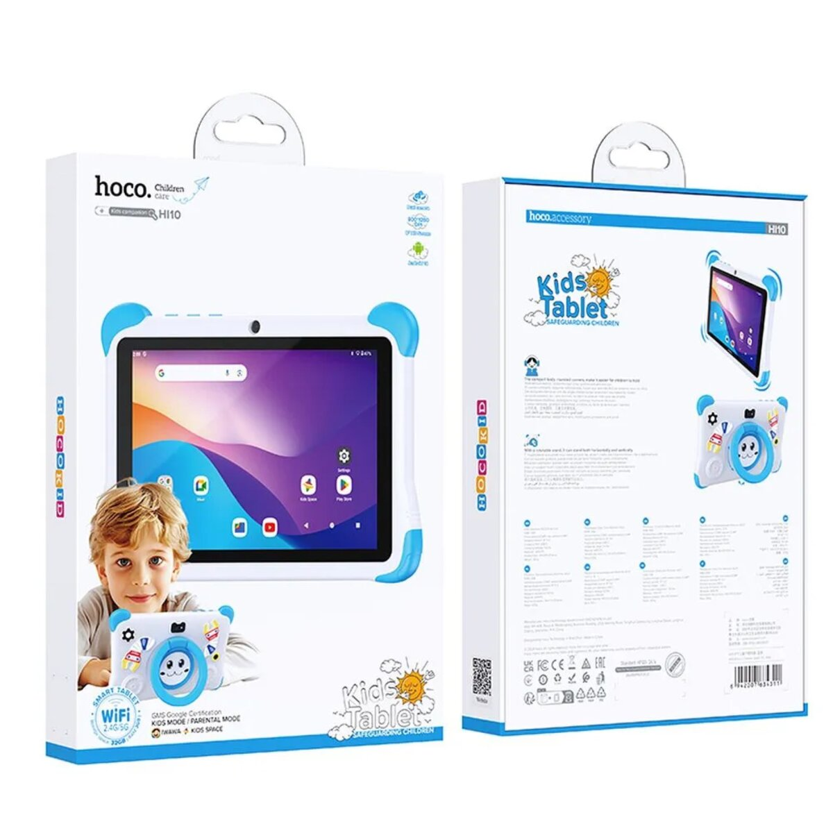 Verpackung eines blauen und weißen Kinder-Tablets mit einem Jungen und einer Spielzeugkamera.