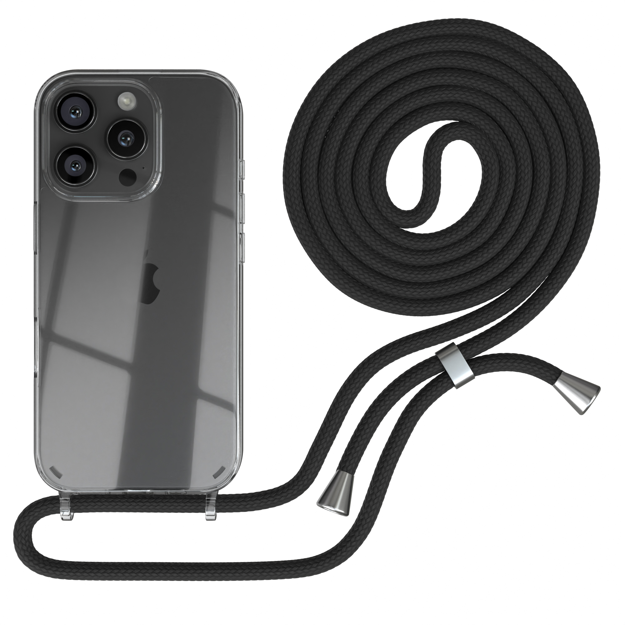 Transparente Handyhülle mit schwarzem Seil. Die Hülle hat ein Telefon.