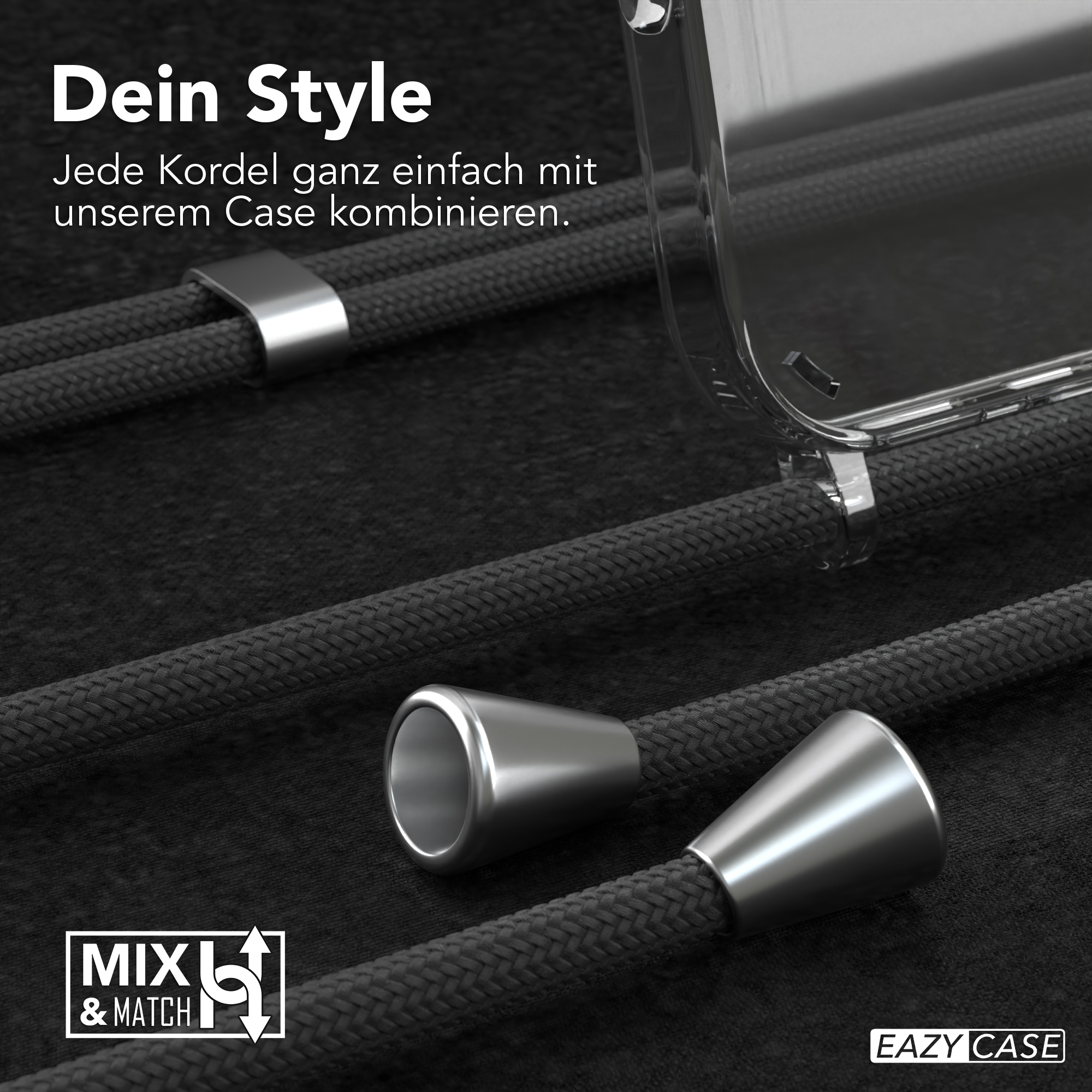 Handyhülle mit Kordeln und Metalldetails, Text auf Deutsch.