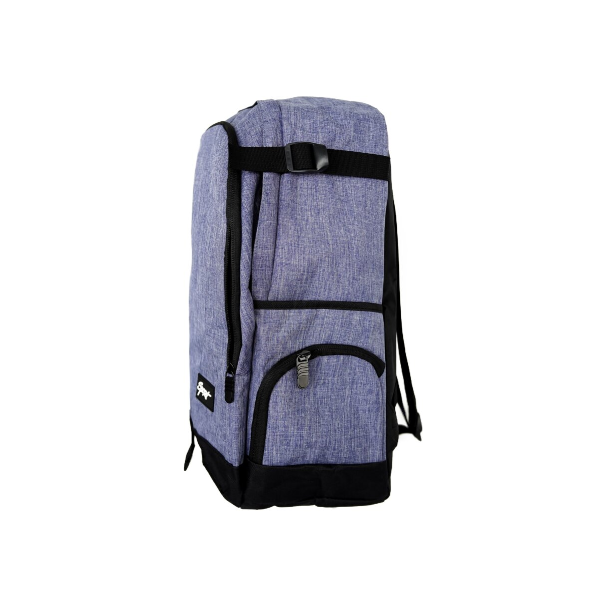Ein blauer Rucksack mit schwarzen Akzenten. Er hat eine Vordertasche mit Reißverschluss und Seitengurte.