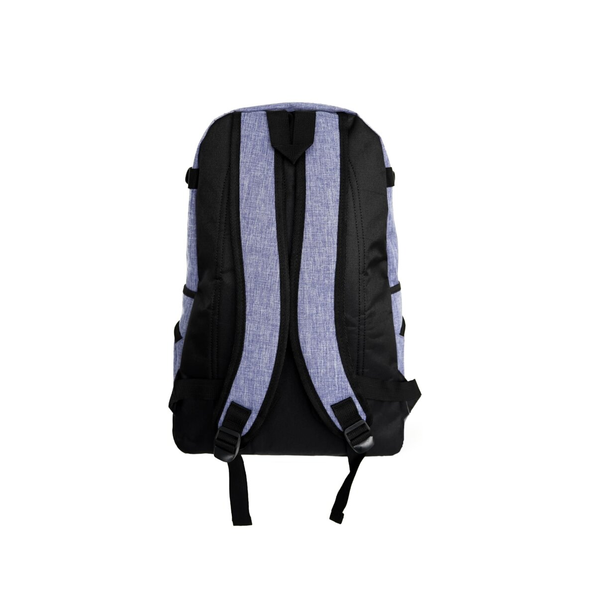 Blauer und schwarzer Rucksack, Rückansicht, isoliert auf weißem Hintergrund.