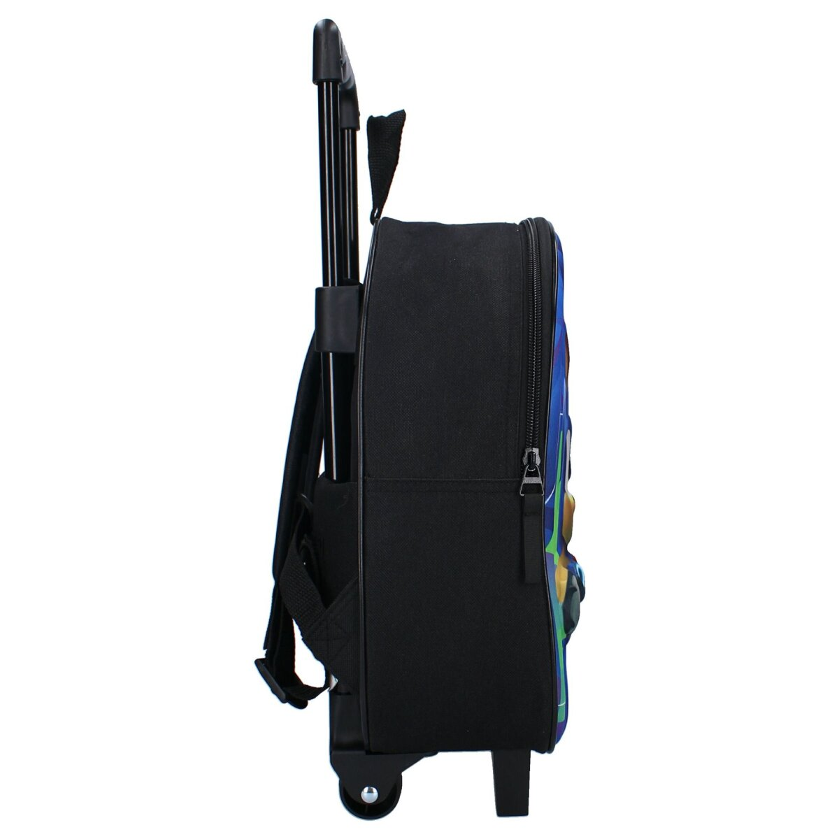 Ein schwarzer Rucksack mit ausziehbarem Griff und Rädern. Er hat eine blau-violett schillernde Front.