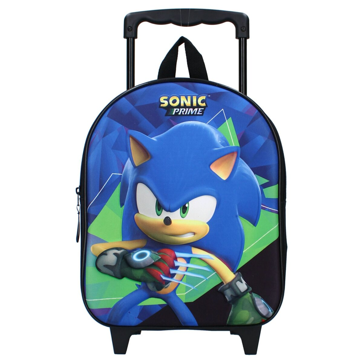 Rollrucksack mit Sonic Prime-Grafik, blau und schwarz, auf weißem Hintergrund.