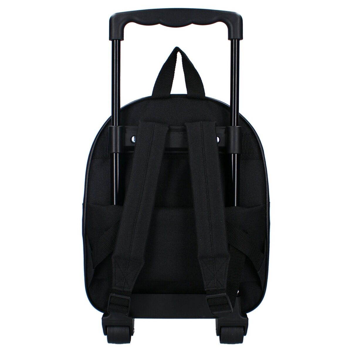 Ein schwarzer Rollrucksack mit Griff und zwei Schultergurten.