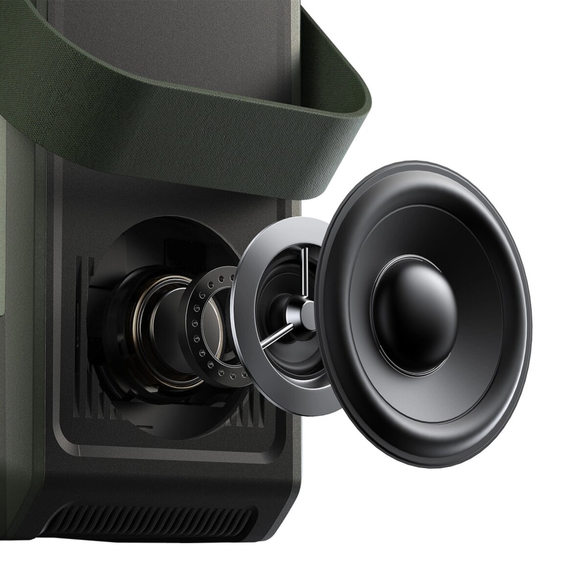 Zbliżenie na wewnętrzne elementy głośnika, podkreślające szczegóły i strukturę.