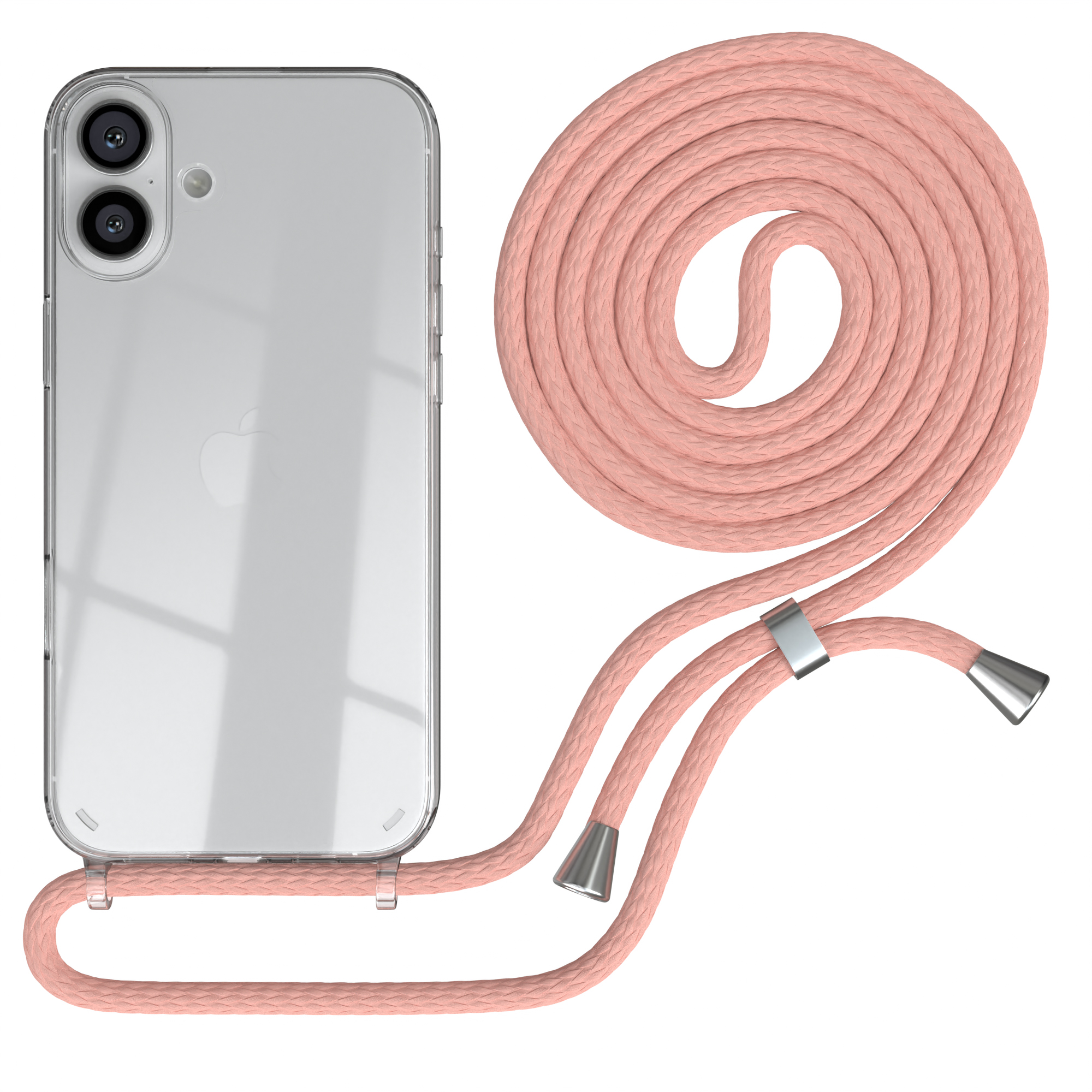 Transparente Handyhülle mit rosa Kordel. Die Kordel ist aufgerollt und hat Metallenden.