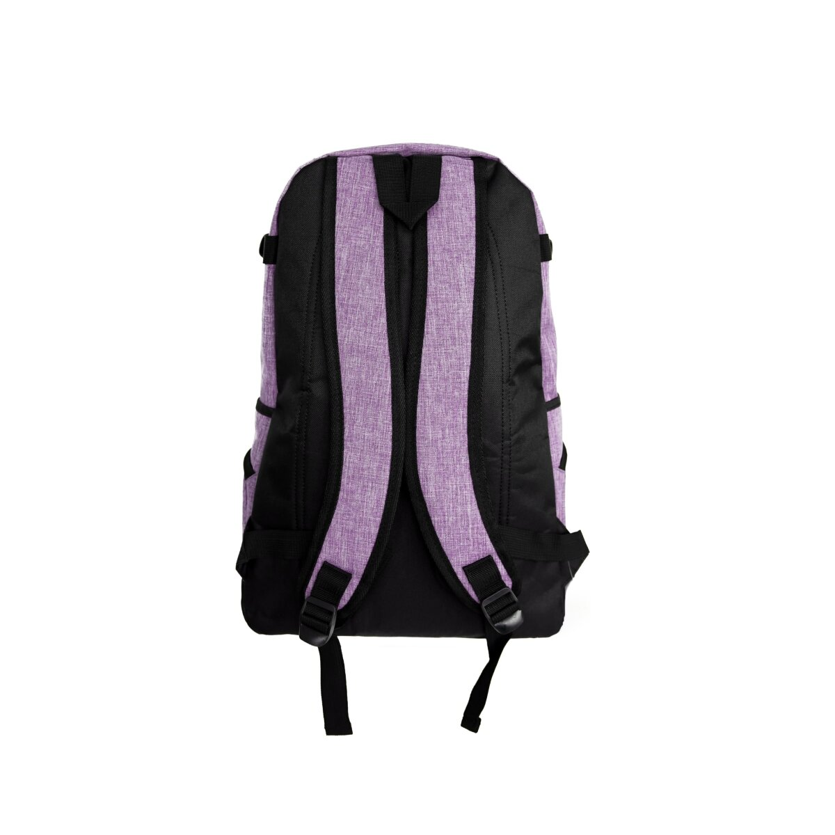 Rucksack, lila und schwarz. Er ist auf weißem Hintergrund.