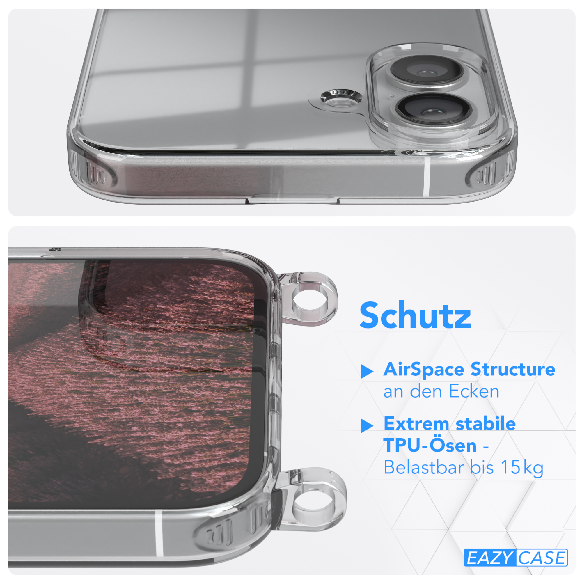 Transparente Handyhülle mit Strandmotiv. Text hebt Schutz und TPU-Ösen hervor.