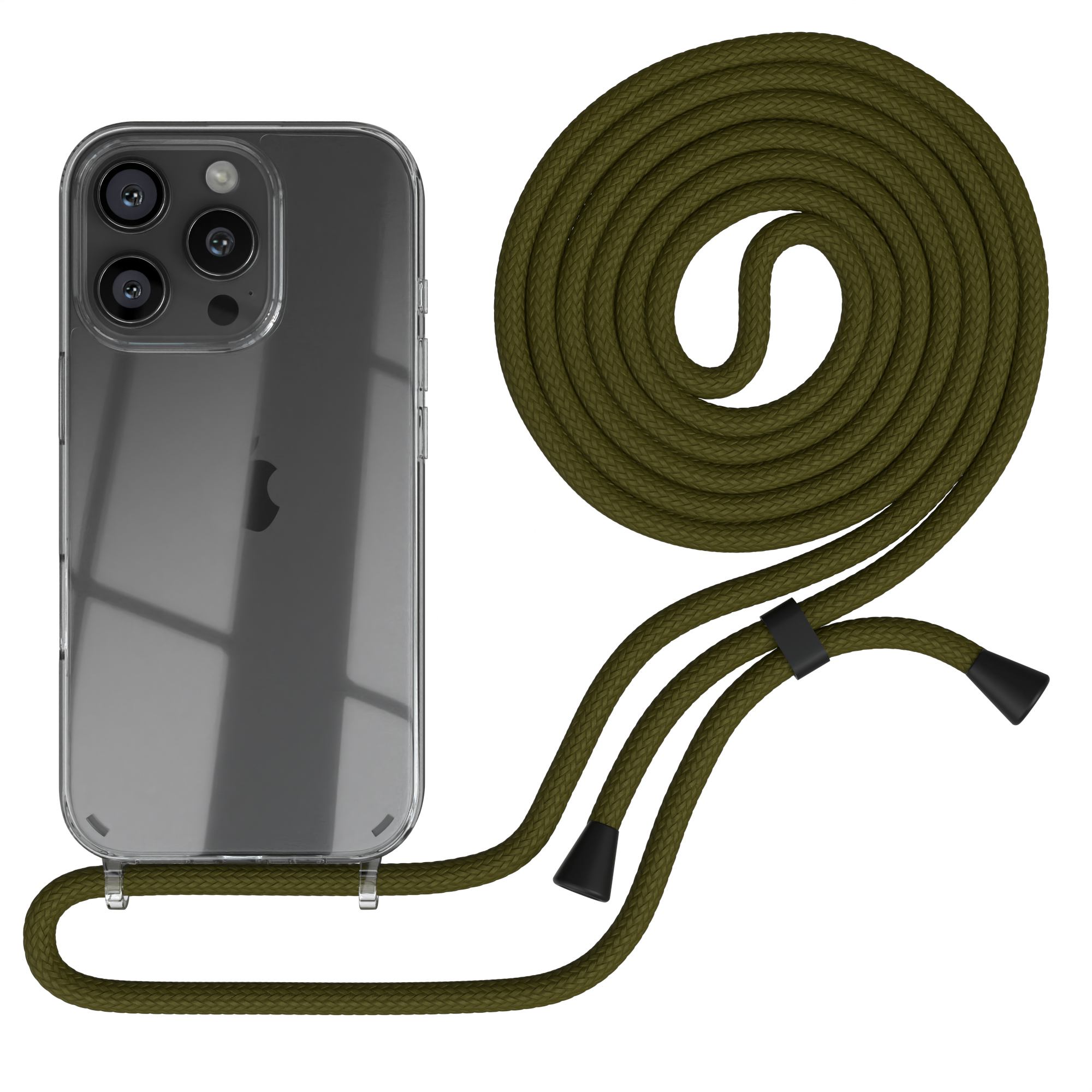 Klar Handyhülle mit olivgrüner Kordel. Das Telefon hat drei Kameras. Weißer Hintergrund.