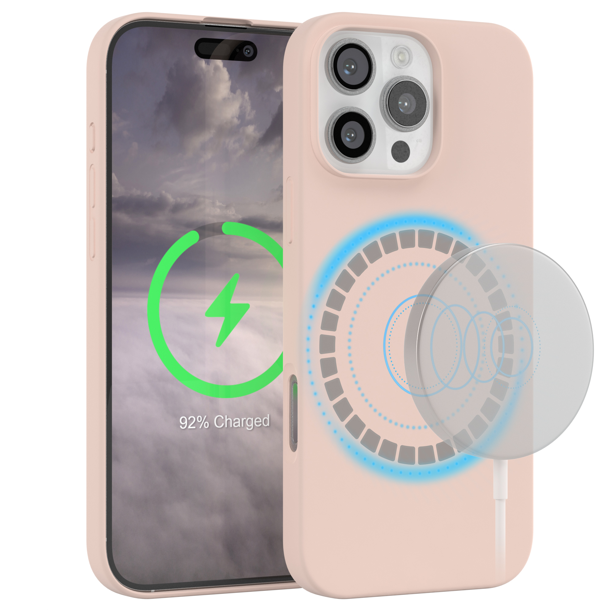 Rosa Telefon mit Ladegerät, zeigt 92% geladen, mit weißem Hintergrund.