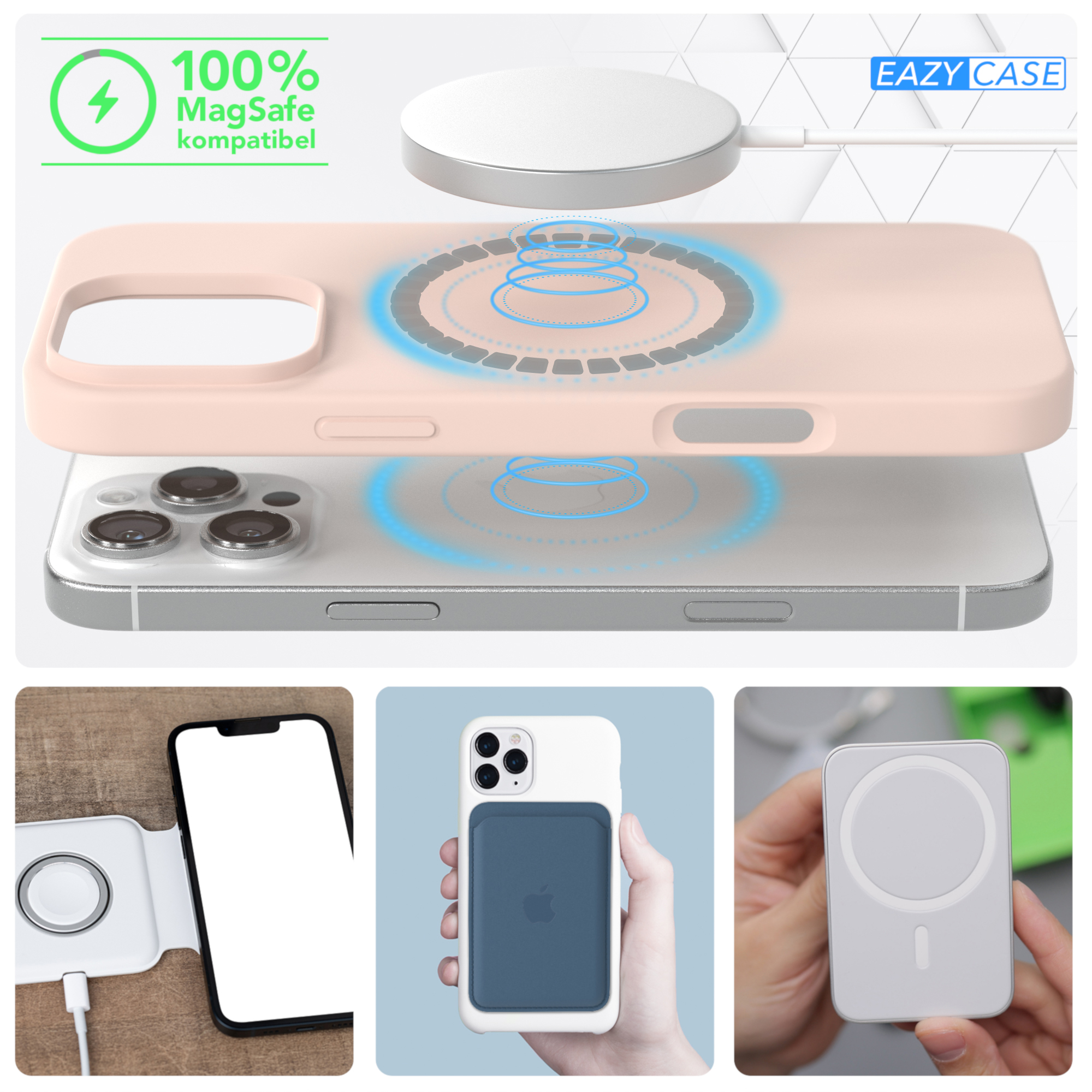 Mehrere Bilder, die ein Telefon, ein MagSafe-Ladegerät und eine Hülle mit MagSafe zeigen.