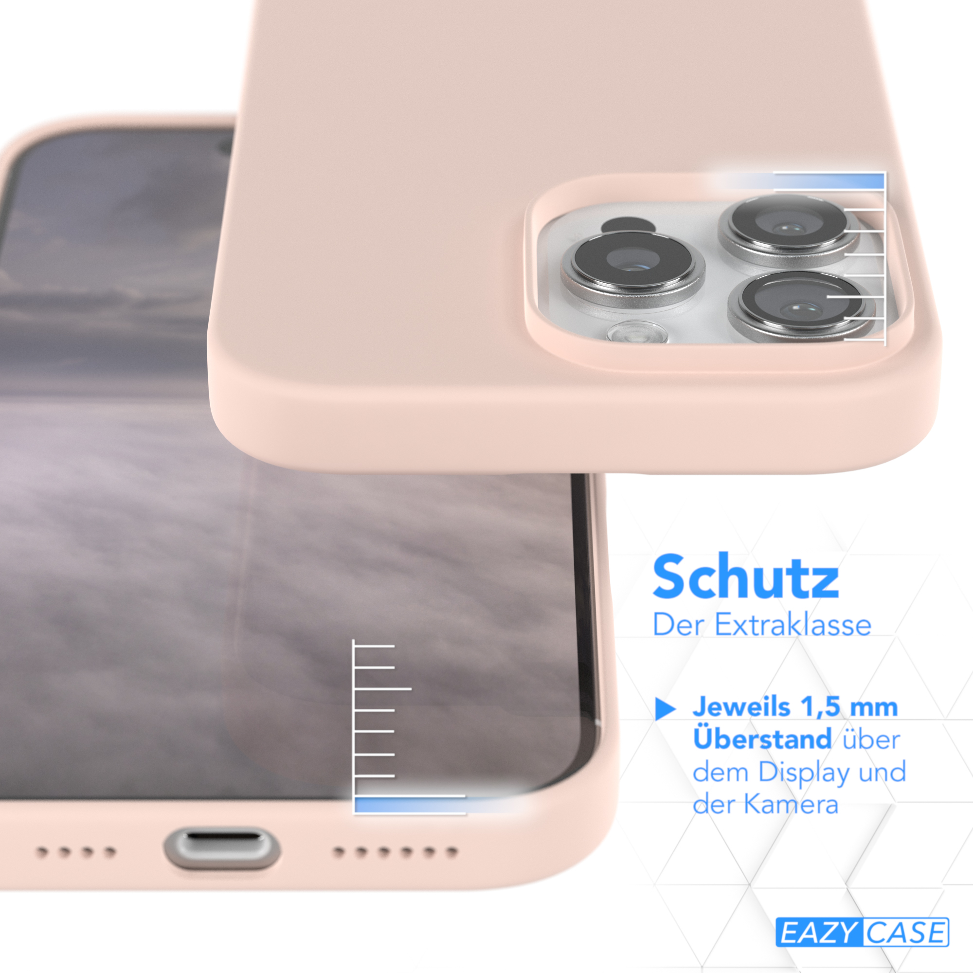 Rosa Handyhülle mit einem Telefon darin. Zeigt 1,5 mm Schutz über dem Display und der Kamera.