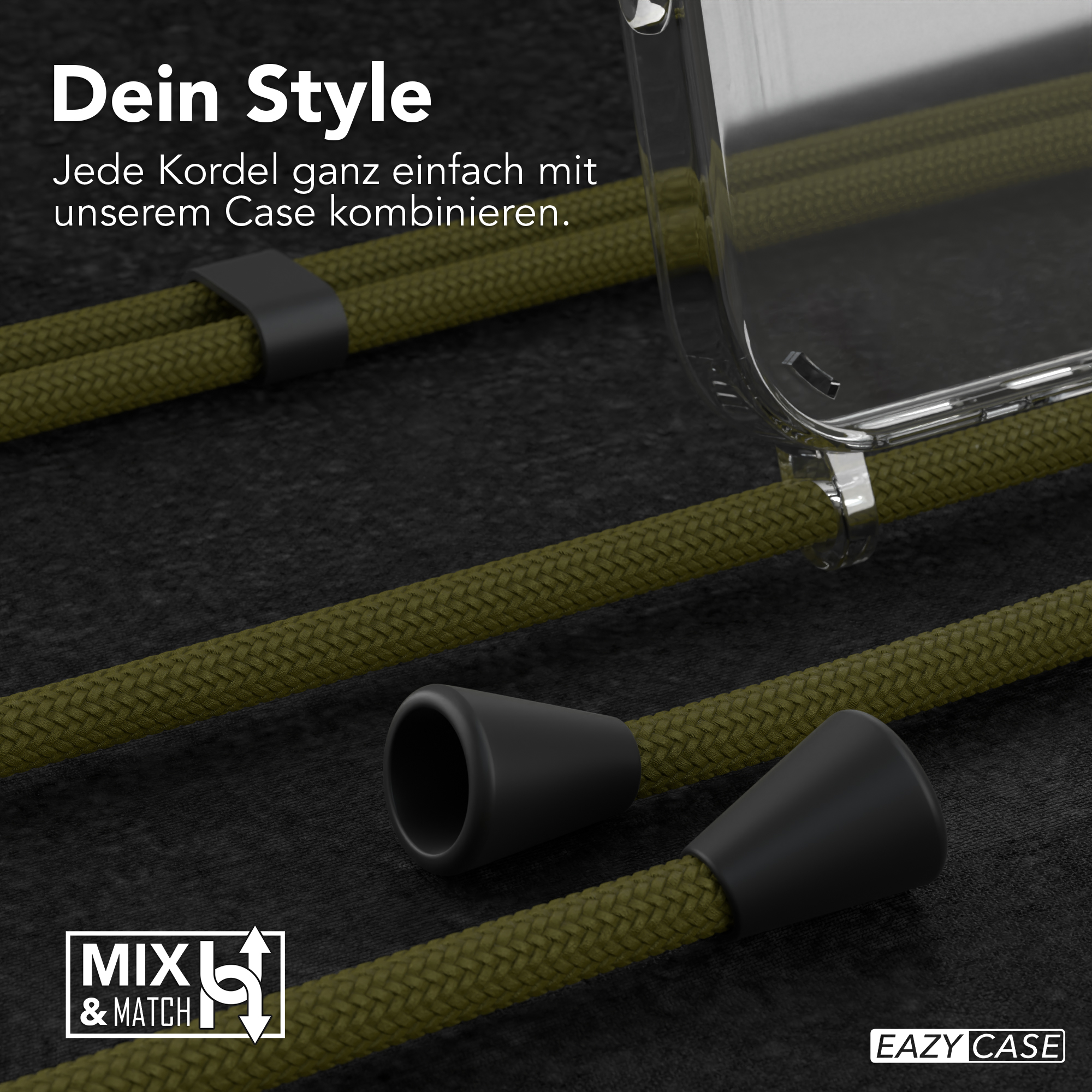 Nahaufnahme von grünem Kordel und schwarzen Enden. Text: 'Dein Style' und 'Eazy Case'.