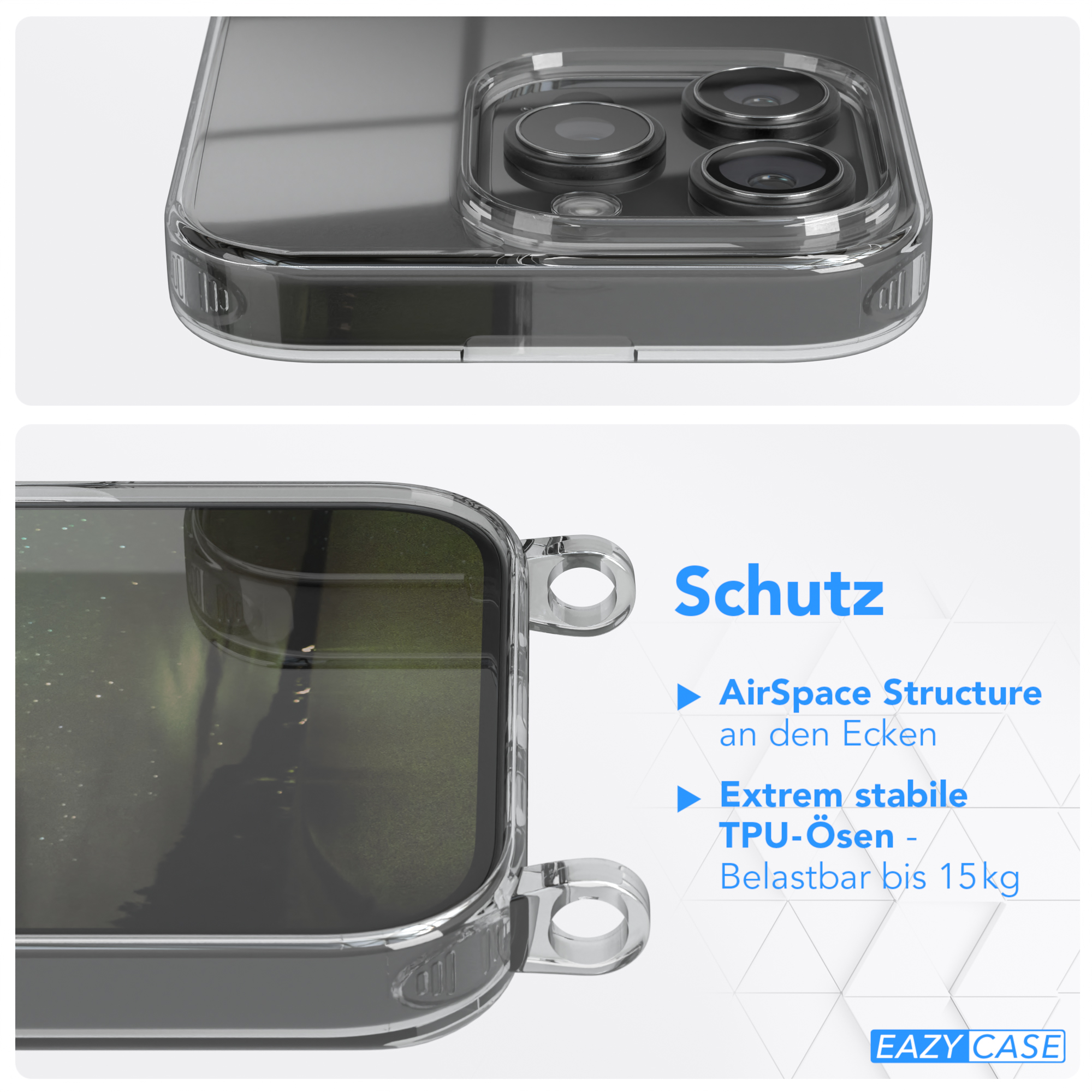 Transparente Handyhülle mit transparentem Design. Text auf dem Bild lautet 'Schutz' und 'EAZY CASE'.