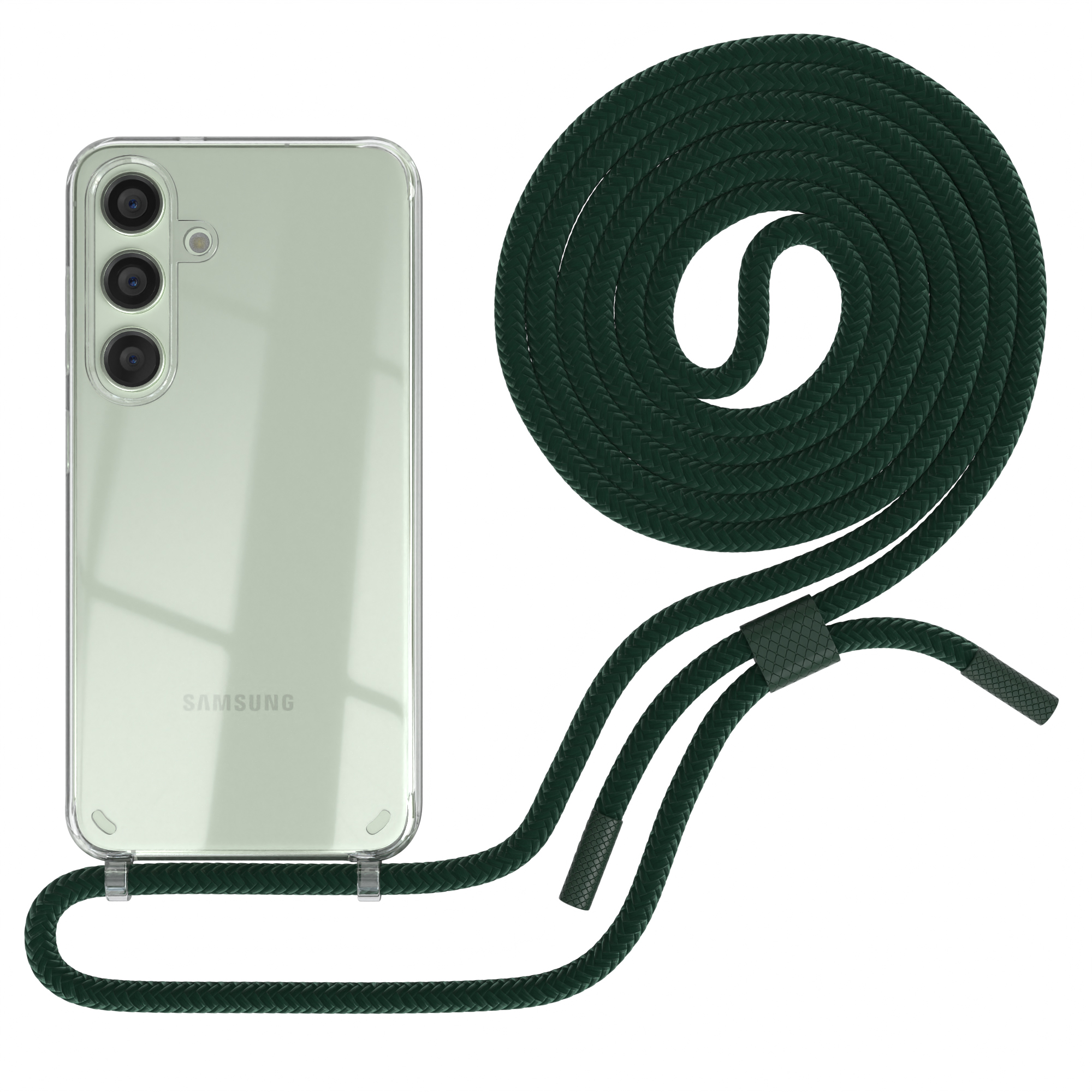 Transparente Handyhülle mit grünem Trageriemen und Telefon. Isoliert auf Weiß.