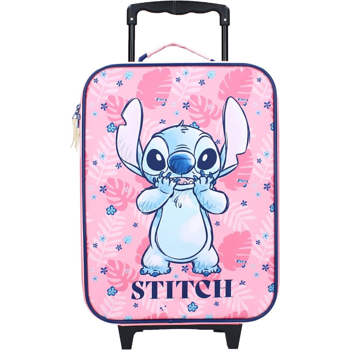 Ein pinkfarbener Stitch-Koffer mit Stitch-Cartoon, blauen Akzenten und Griff.