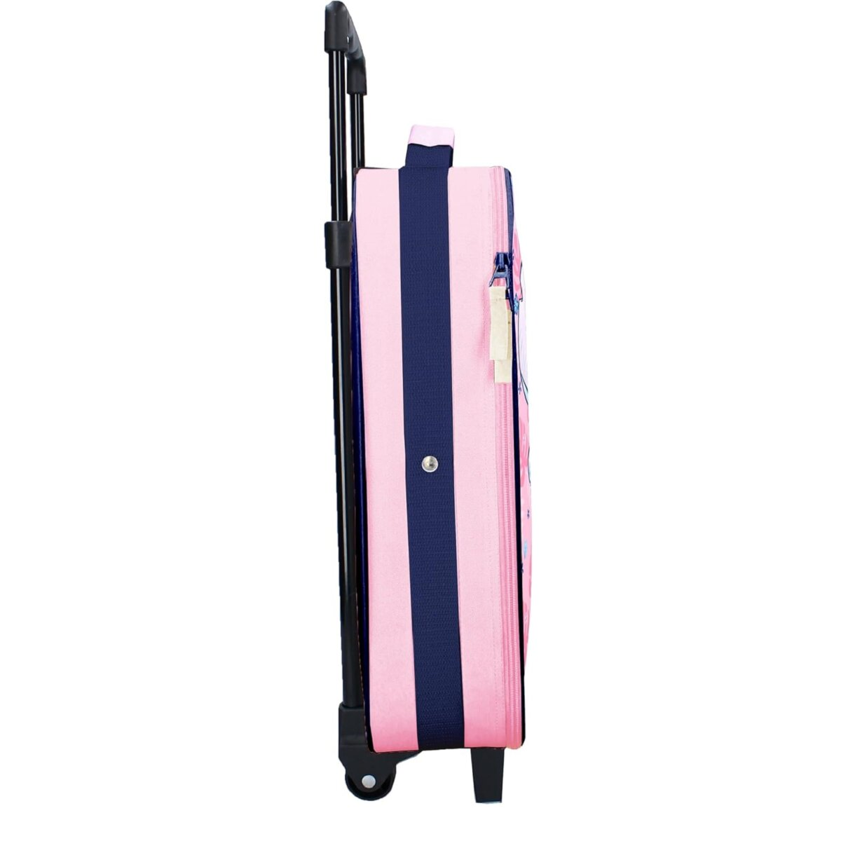 Ein rosa-blau gestreifter Koffer mit Griff. Der Koffer steht auf Rädern aufrecht.