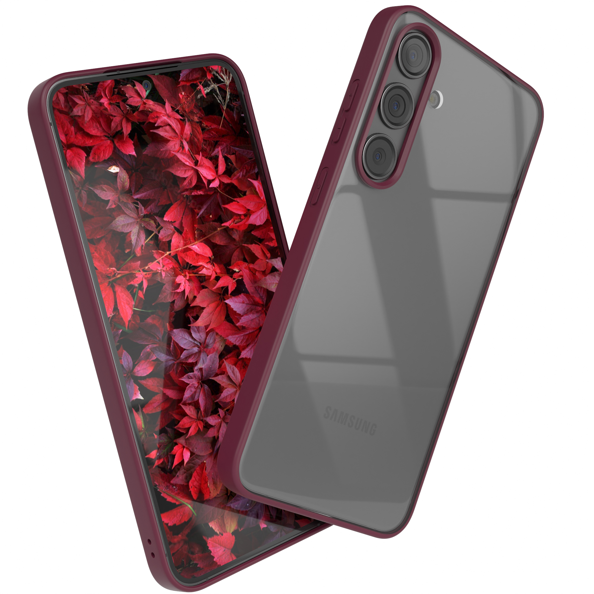 Ein Telefon mit roter Hülle und rotem Blattdesign auf dem Bildschirm, neben einem ähnlich umhüllten Telefon.