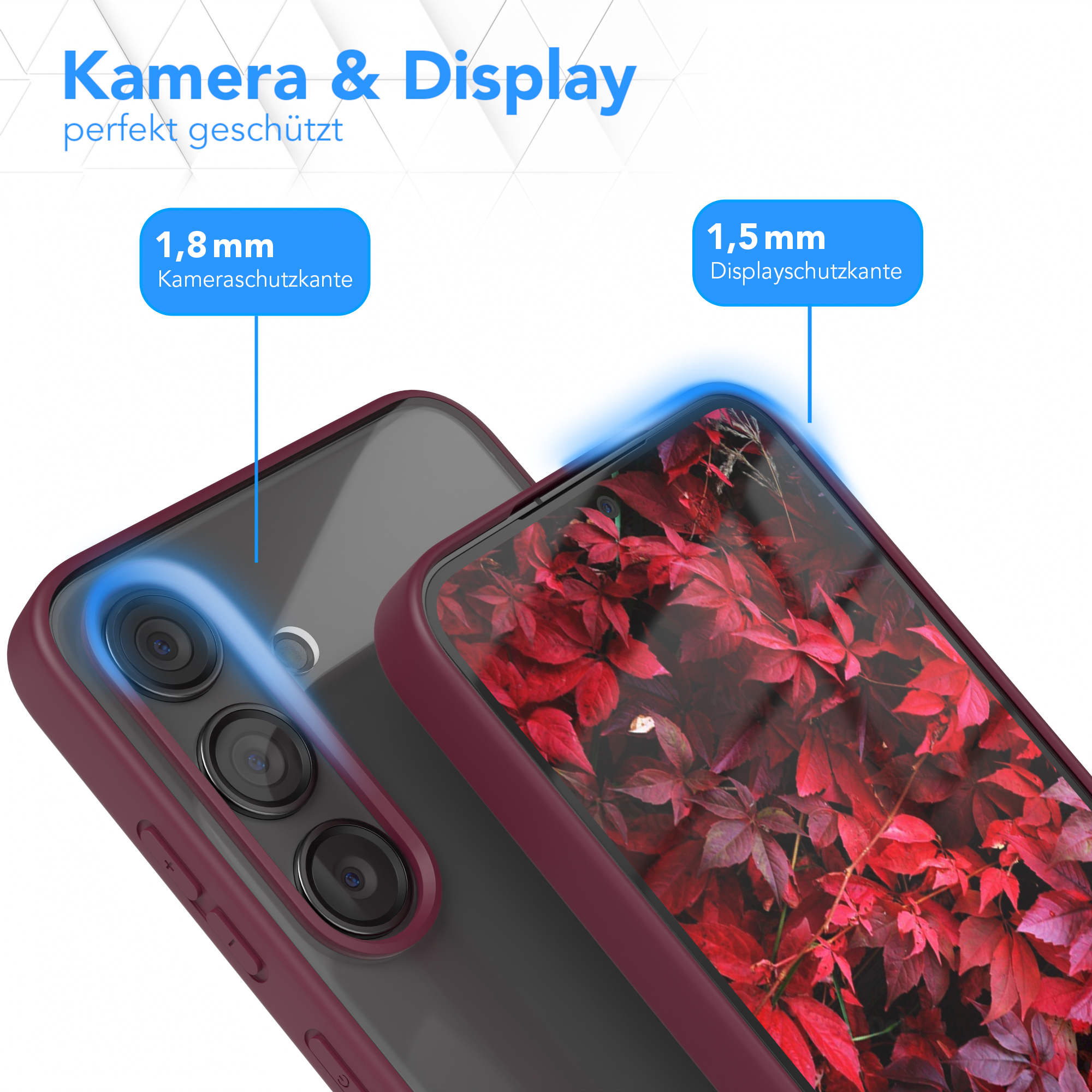 Telefonhülle mit Telefon, zeigt rotes Blatt-Hintergrundbild. Text zeigt Kantenschutz.